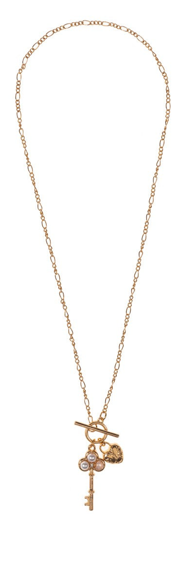 Gold Link Chain Necklace Gold Toggle with Pearl Key & Gold Heart Lock