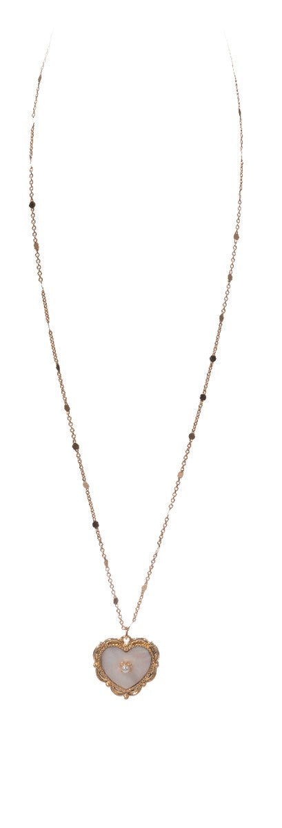 Gold Flat Dot Chain Necklace Decorative Heart with Shell Inlay & Center Pearl