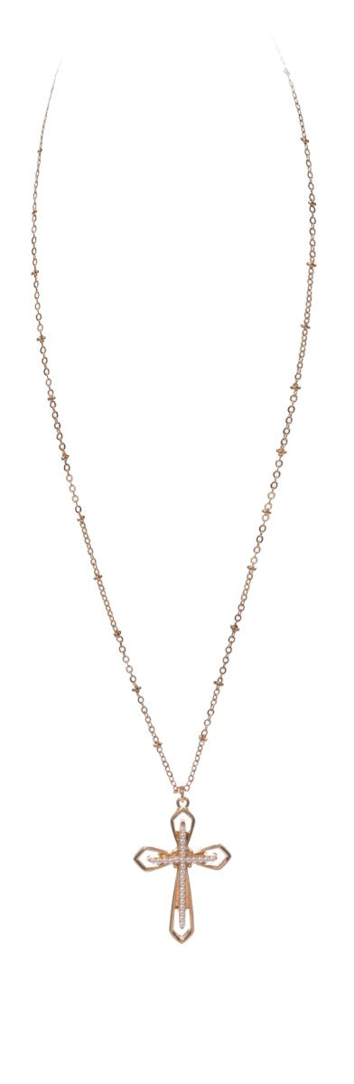 Gold Dot Chain Necklace Gold Open Cross with Pearl Inlay