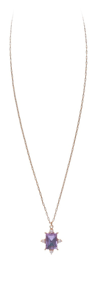 Gold DK Chain Necklace Lavender Crystal Square with Pearl Studs