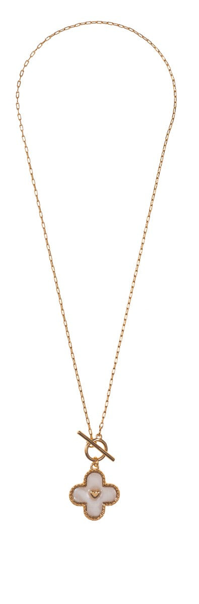 Gold DK Chain Necklace Gold Toggle with Shell Inlay Quatrefoil with Center Heart
