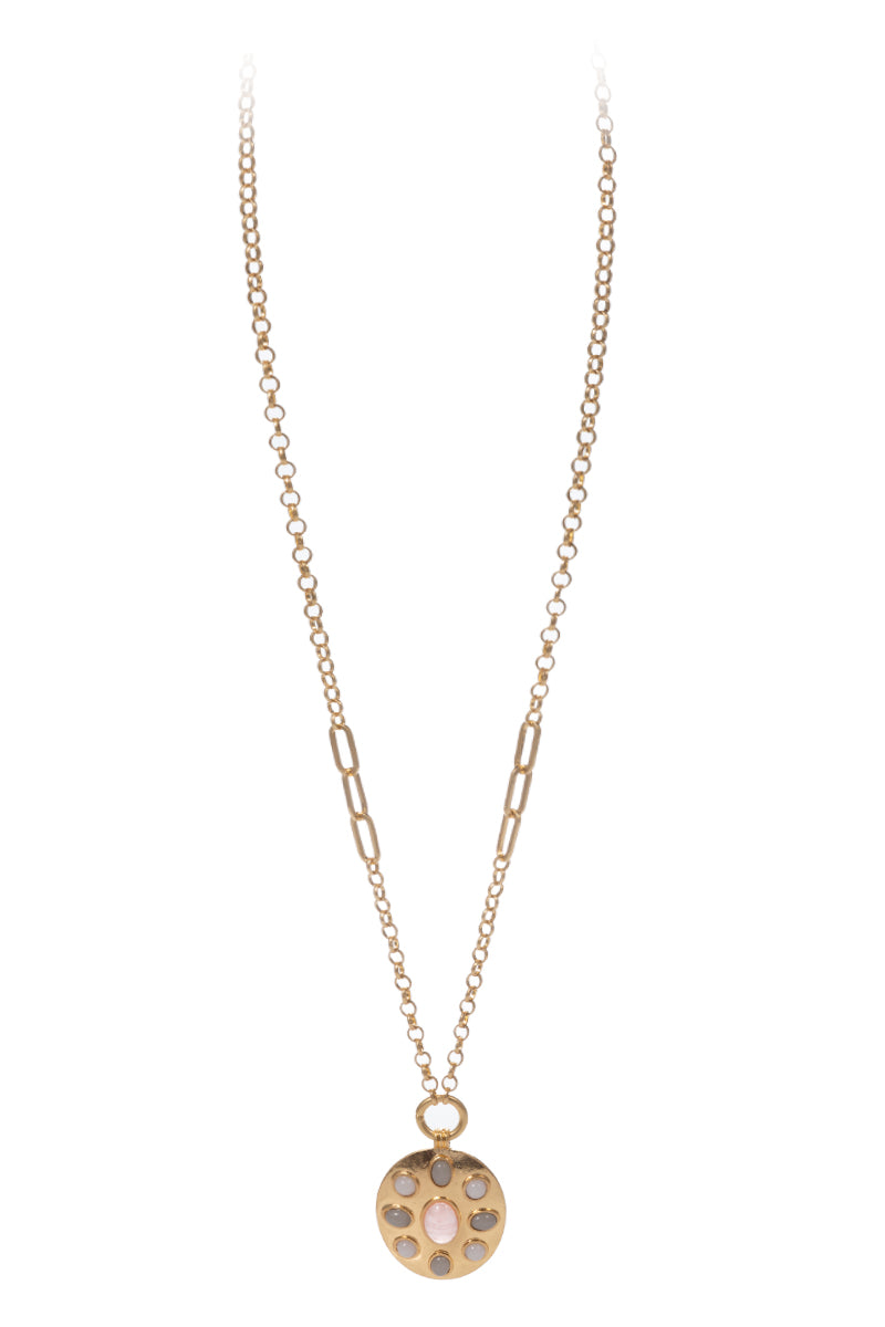 Gold BL Chain Necklace with Grey, Muted Pink Embellished Oval