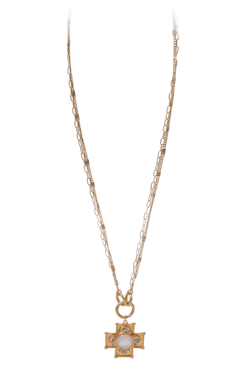 Gold Multi Chain Necklace with Gold Square Cross with White Center Stone