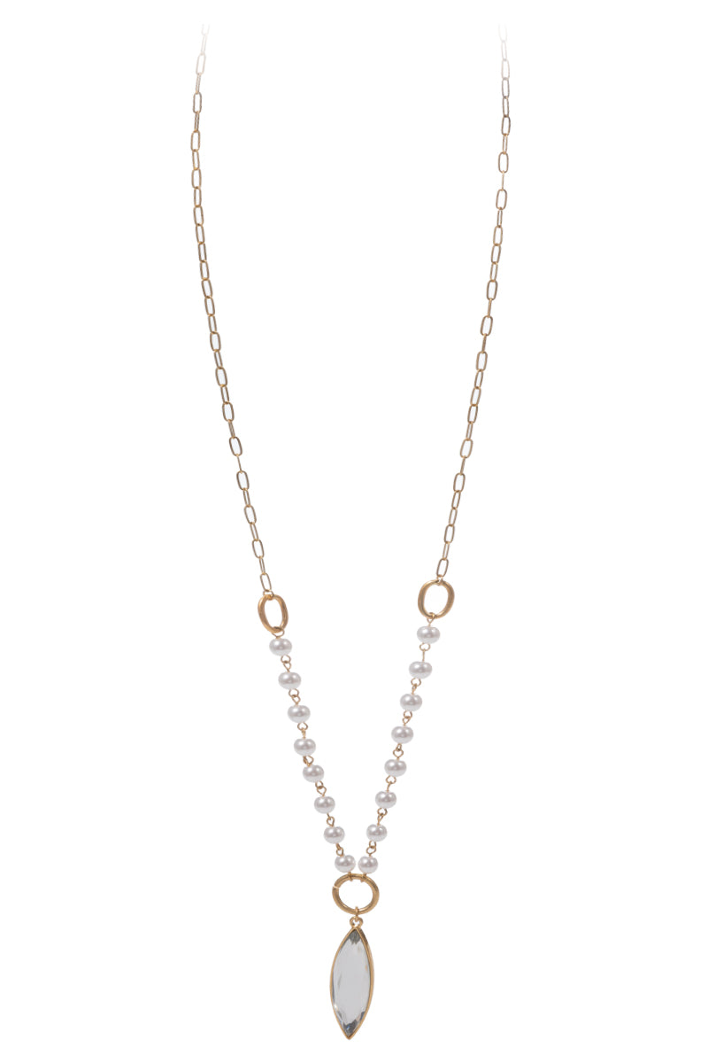Gold Snake Chain Necklace with Clear Pointed Oval Crystal, Pearl Accents