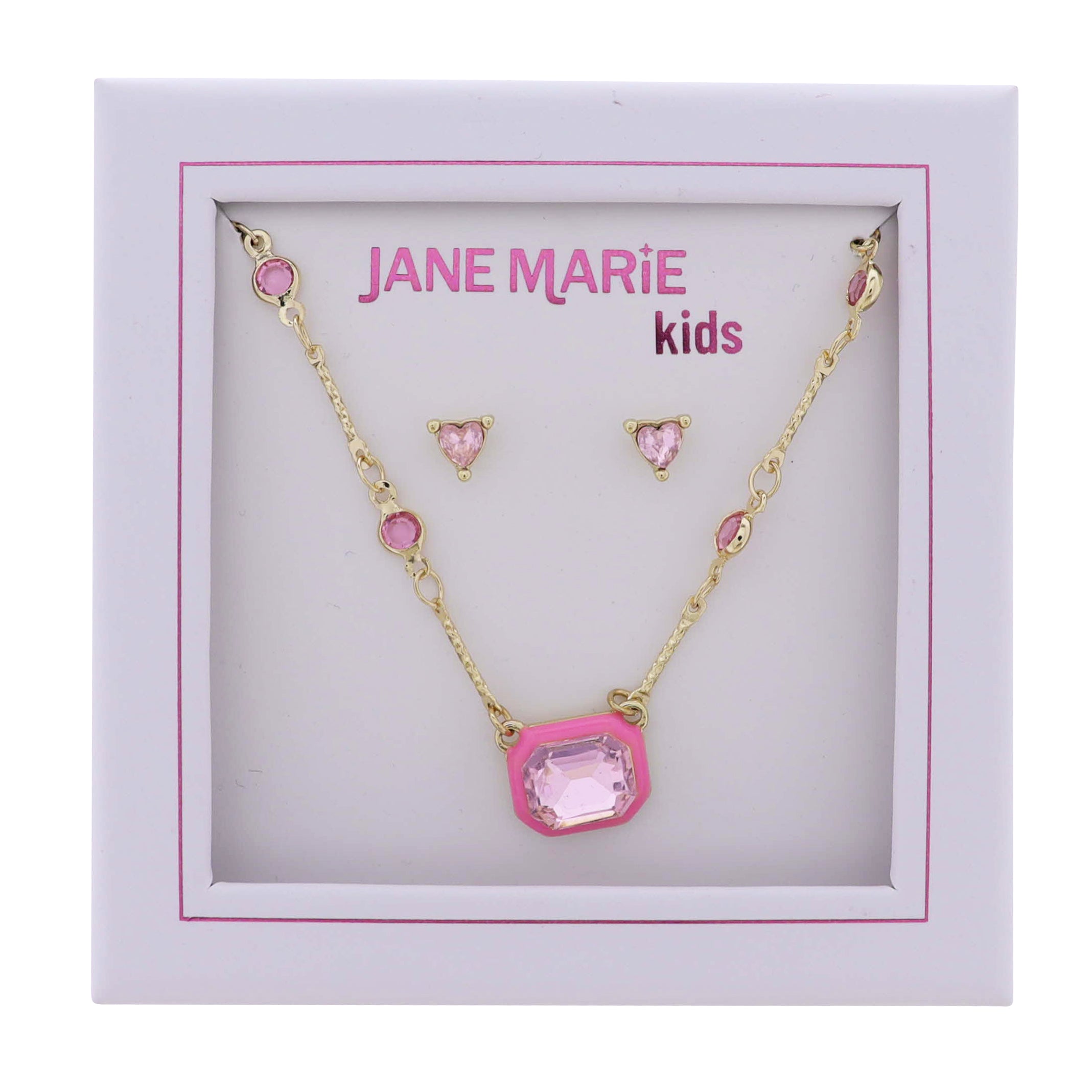 Kids Pink Crystal Station Chain Necklace with Pink Square Crystal, Pink Crystal Studs
