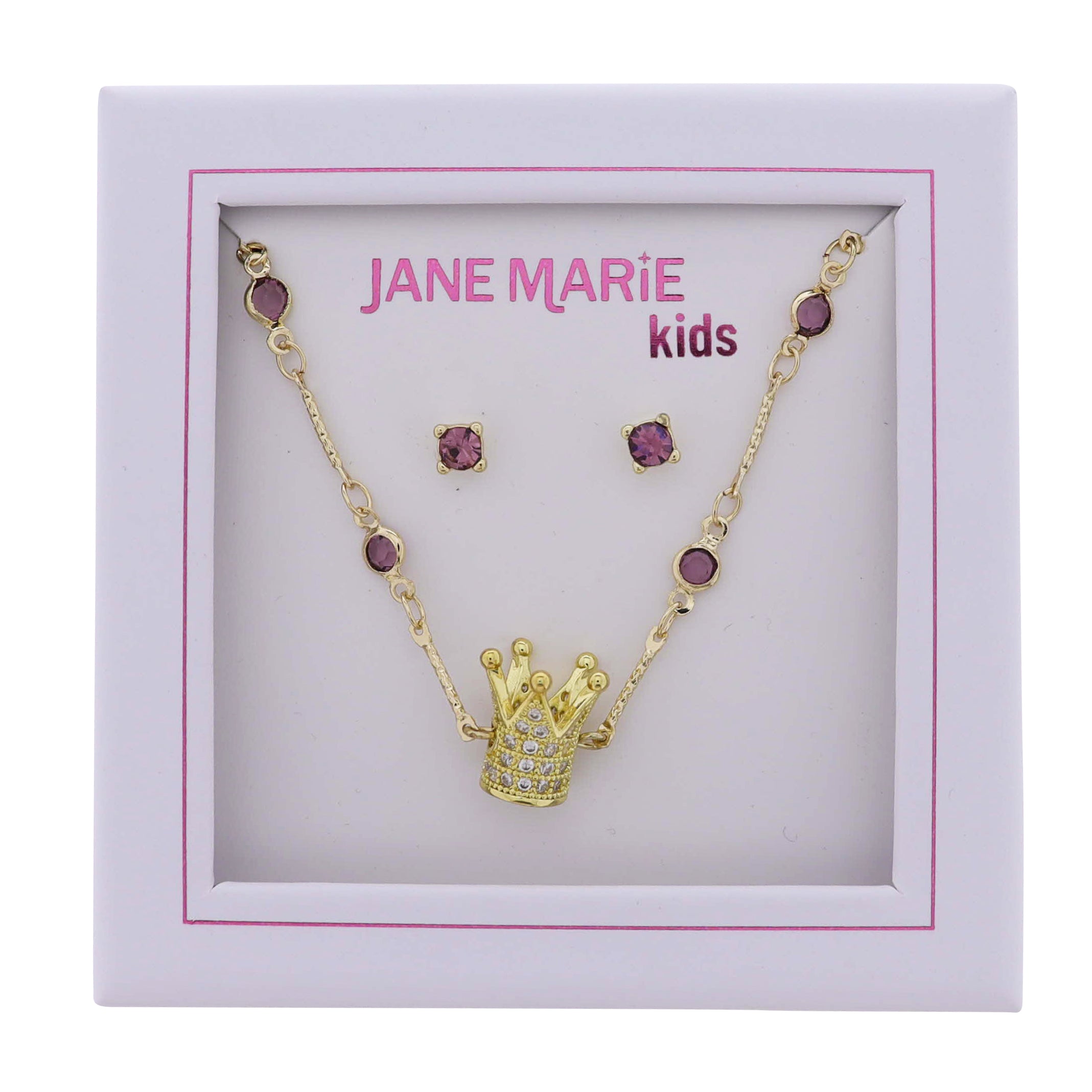 Kids Purple Crystal Station Chain Necklace with Gold Crystal Crown, Purple Crystal Studs