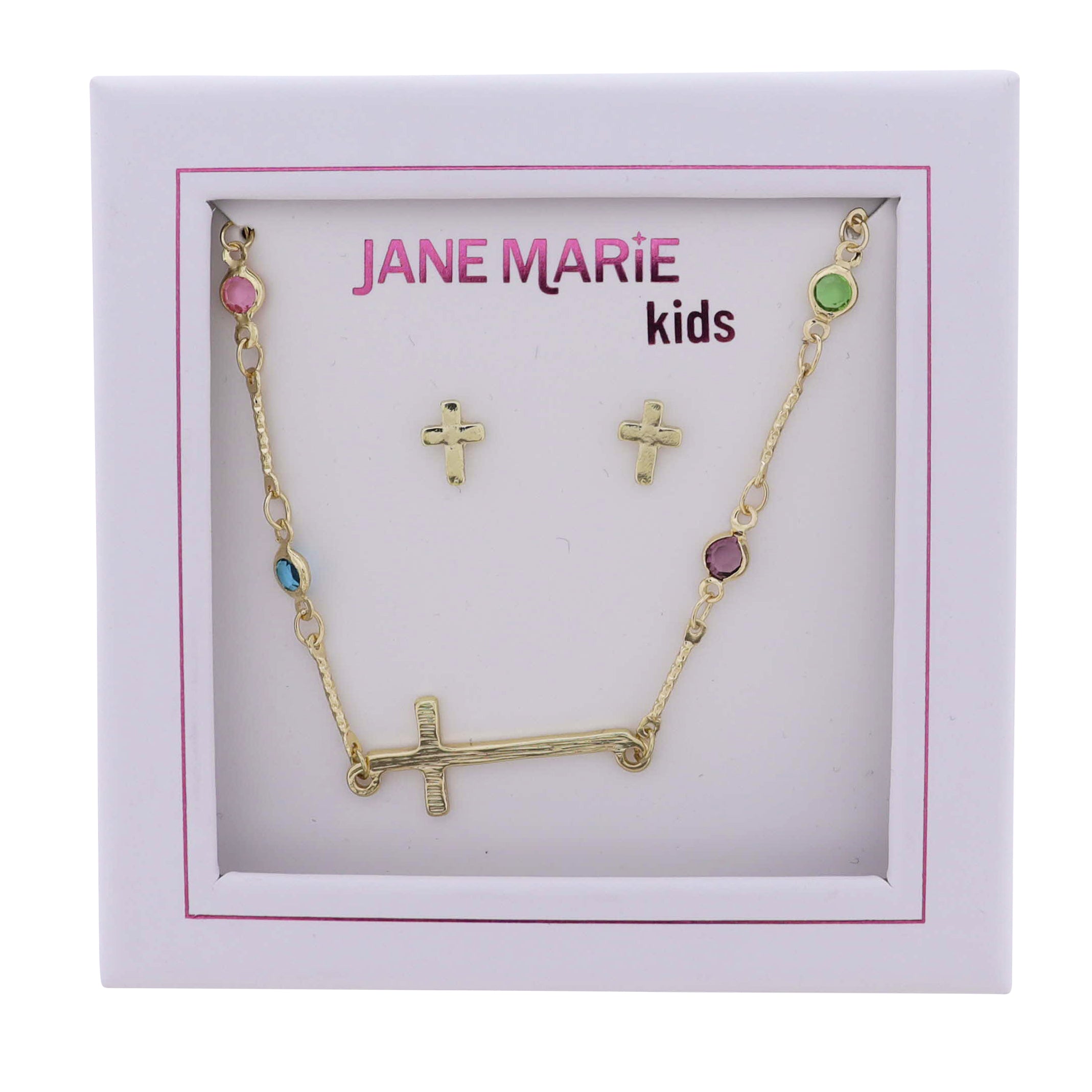 Kids Multi Crystal Station Chain Necklace with Gold Cross, Gold Cross Studs