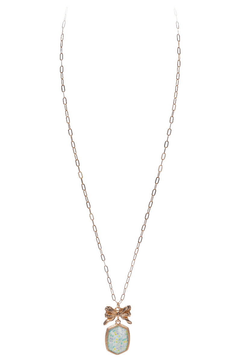 Gold Link Chain Necklace with Gold Bow with Blue Floral Elongated Hexagon
