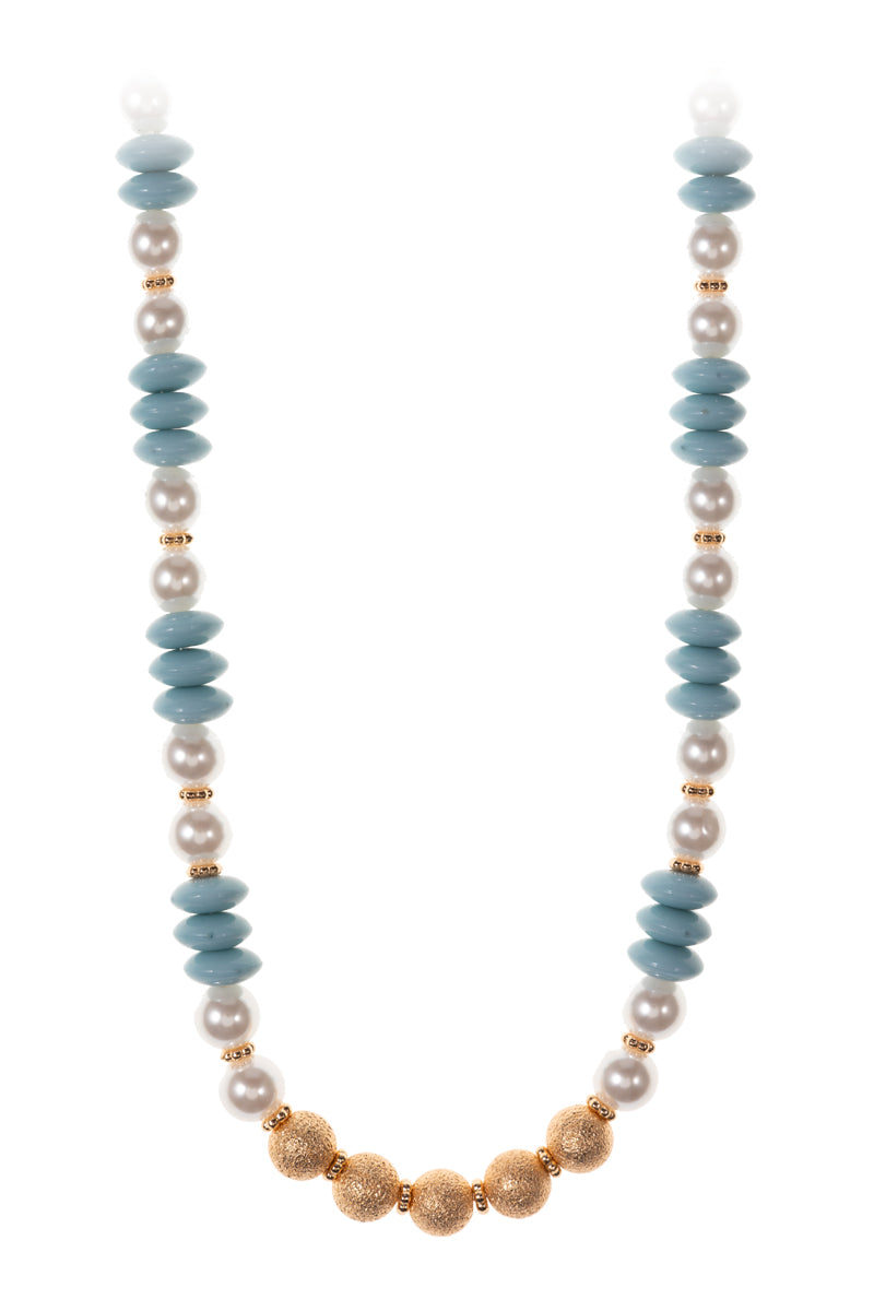 Baby Blue, Pearl, Gold Beaded Necklace
