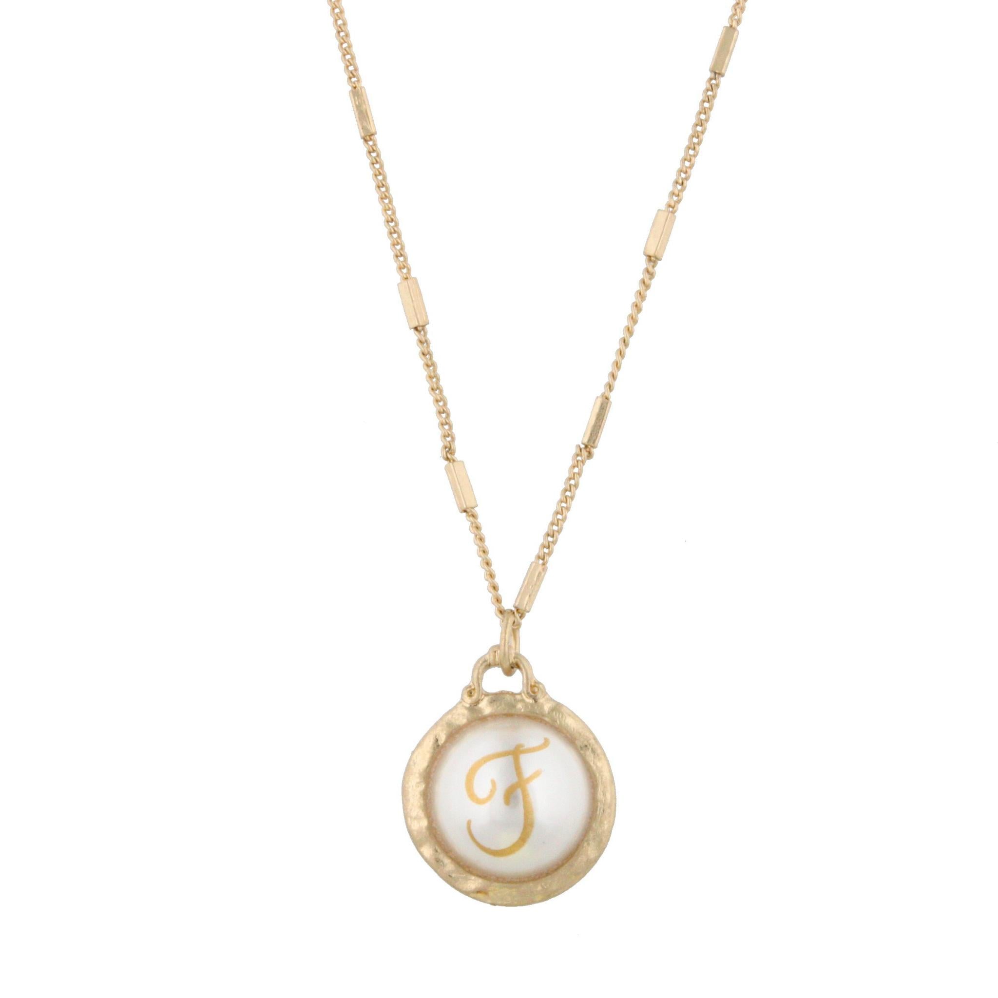 16" Gold Chain Necklace with Pearl Cabochan F Initial, 3" Ext