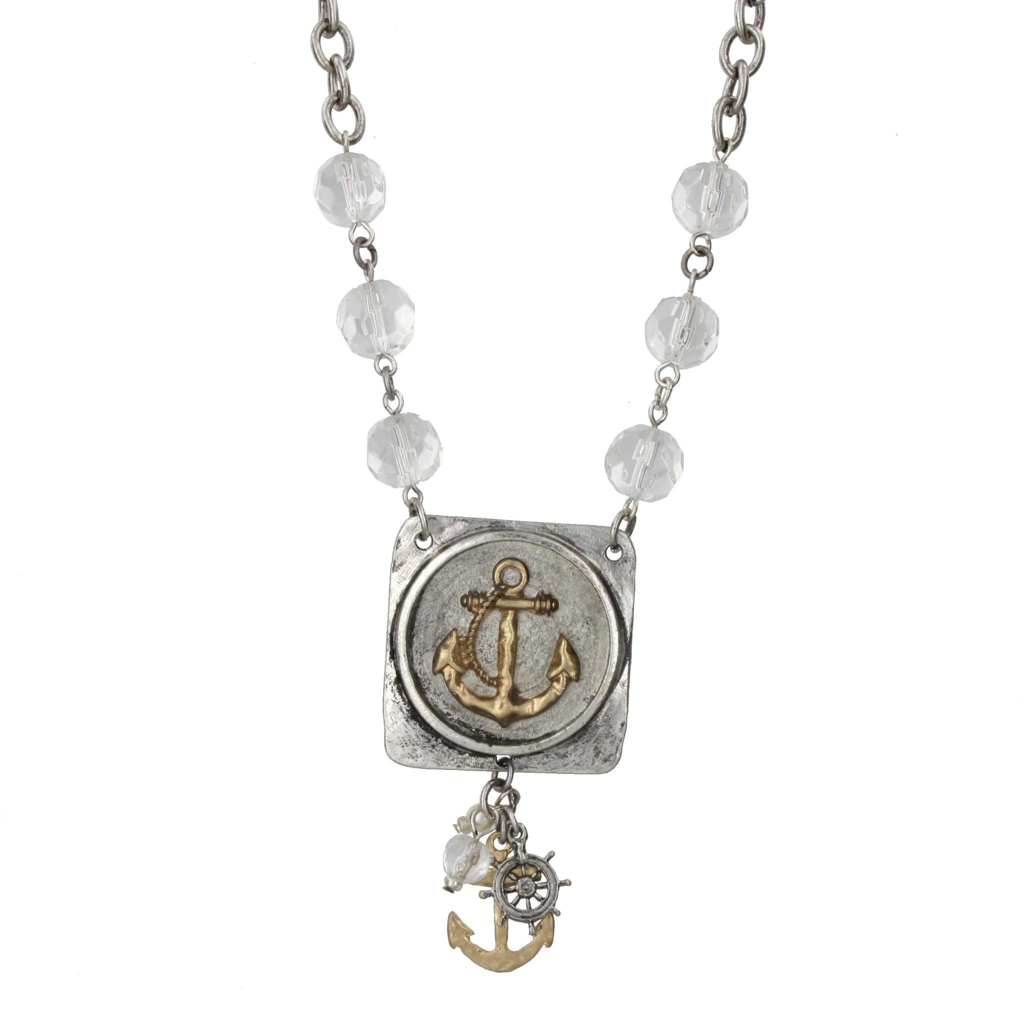 18" Silver Chain Necklace with Crystal Accents with Square Anchor Icon Piece and Charm Cluster, 3" Ext