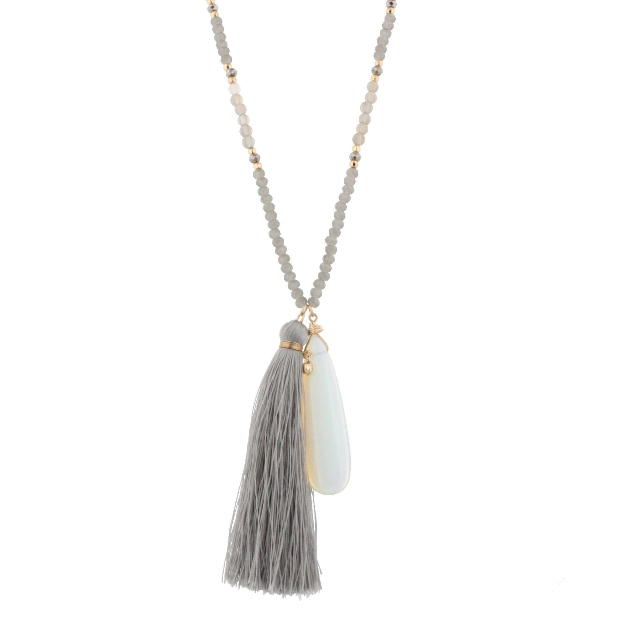 44" Gold Chain Half Grey Beaded Necklace with Grey Tassel and Opal Stone Pendant