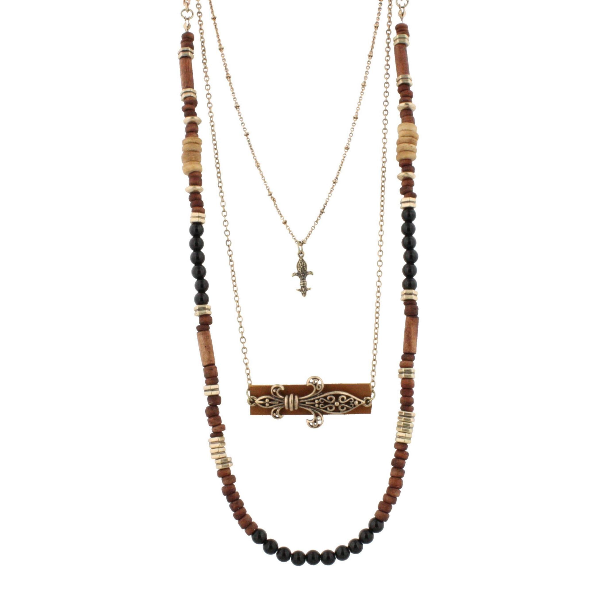 22" Gold Multi Layered Wood and Black Beaded Necklace with Fleur De Lis Accented Leather Pendant, 3" Ext