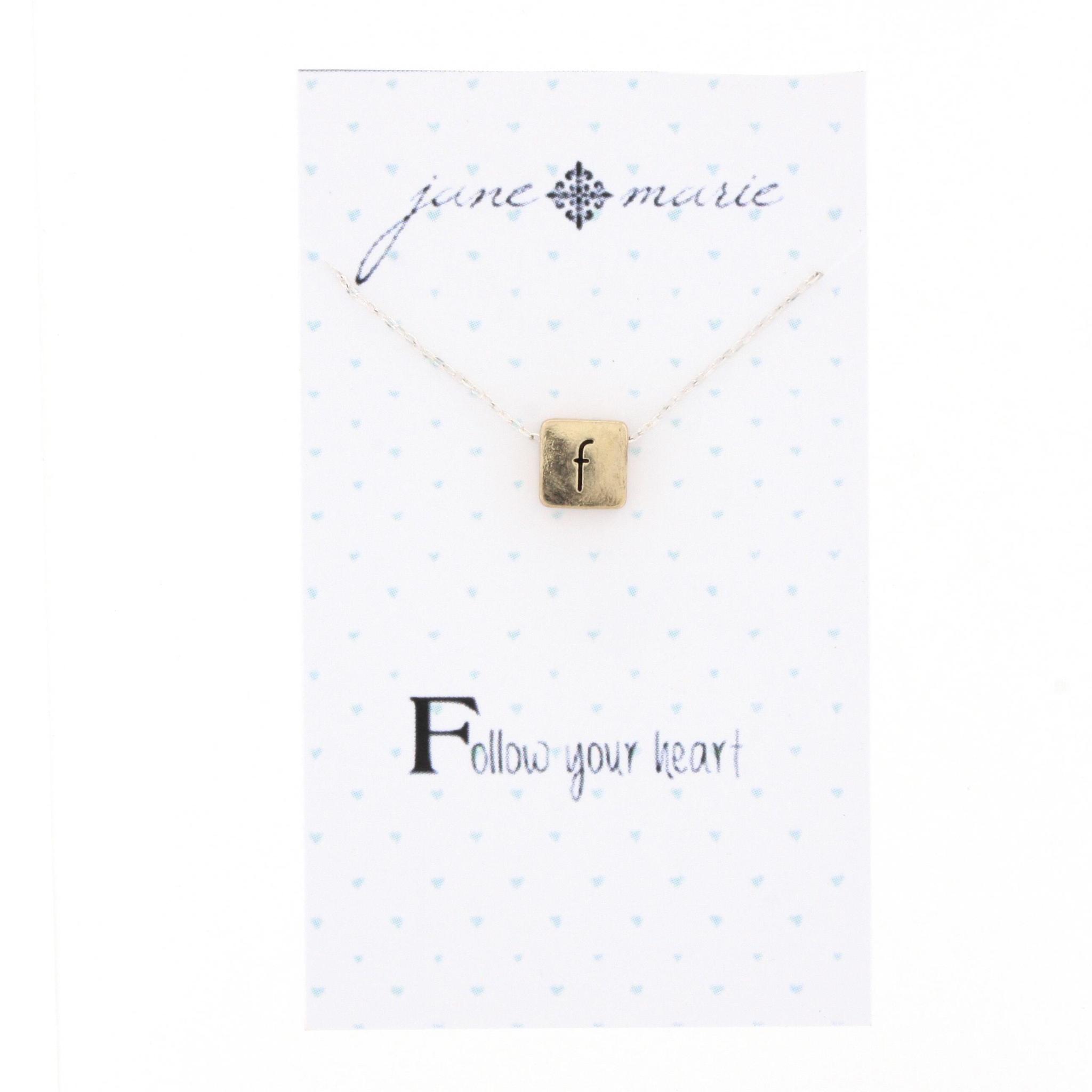 16" Gold Block F Initial On Silver Necklace, 3" Ext