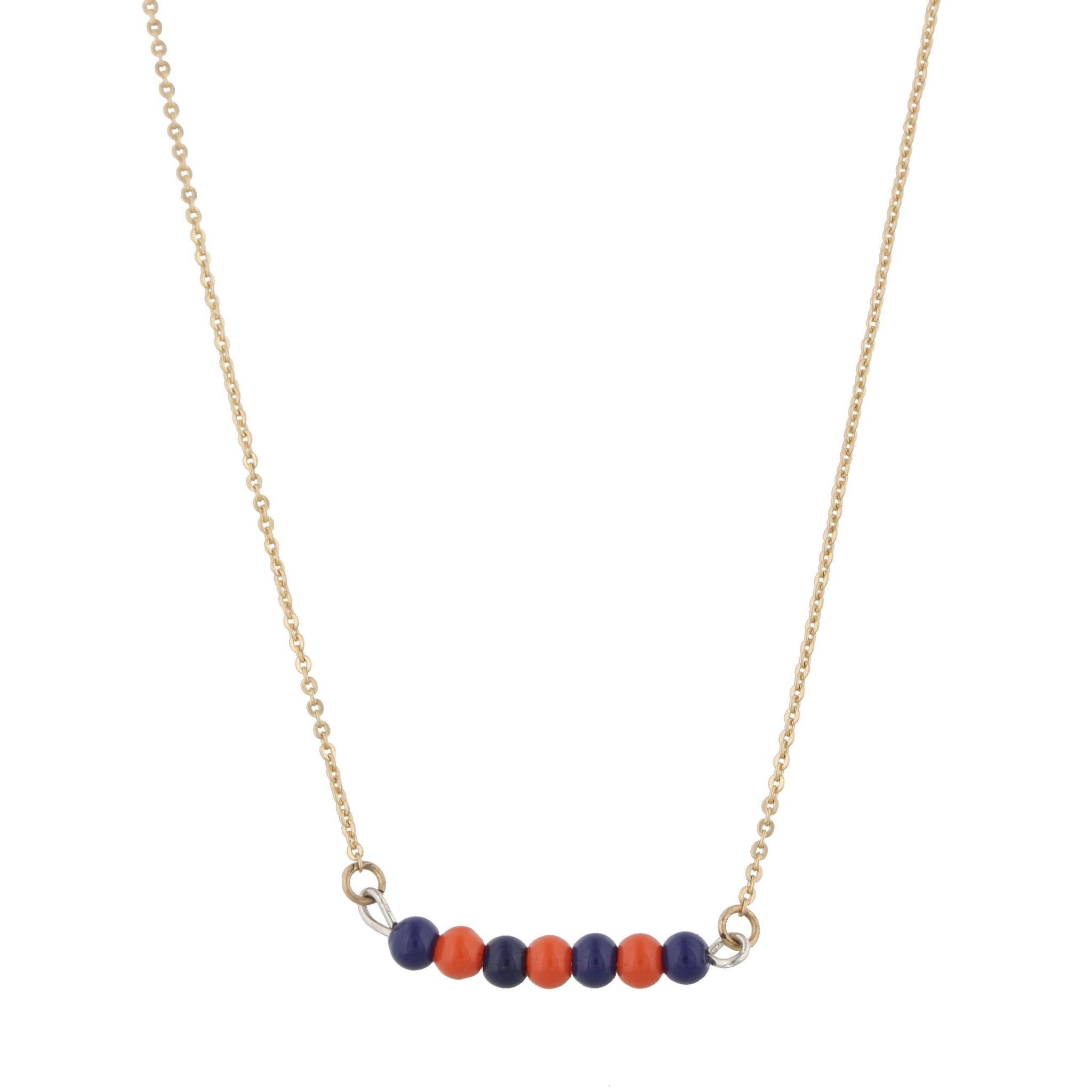 16" Gold Necklace with Alternating Royal Blue/Orange Beads, 3" Ext