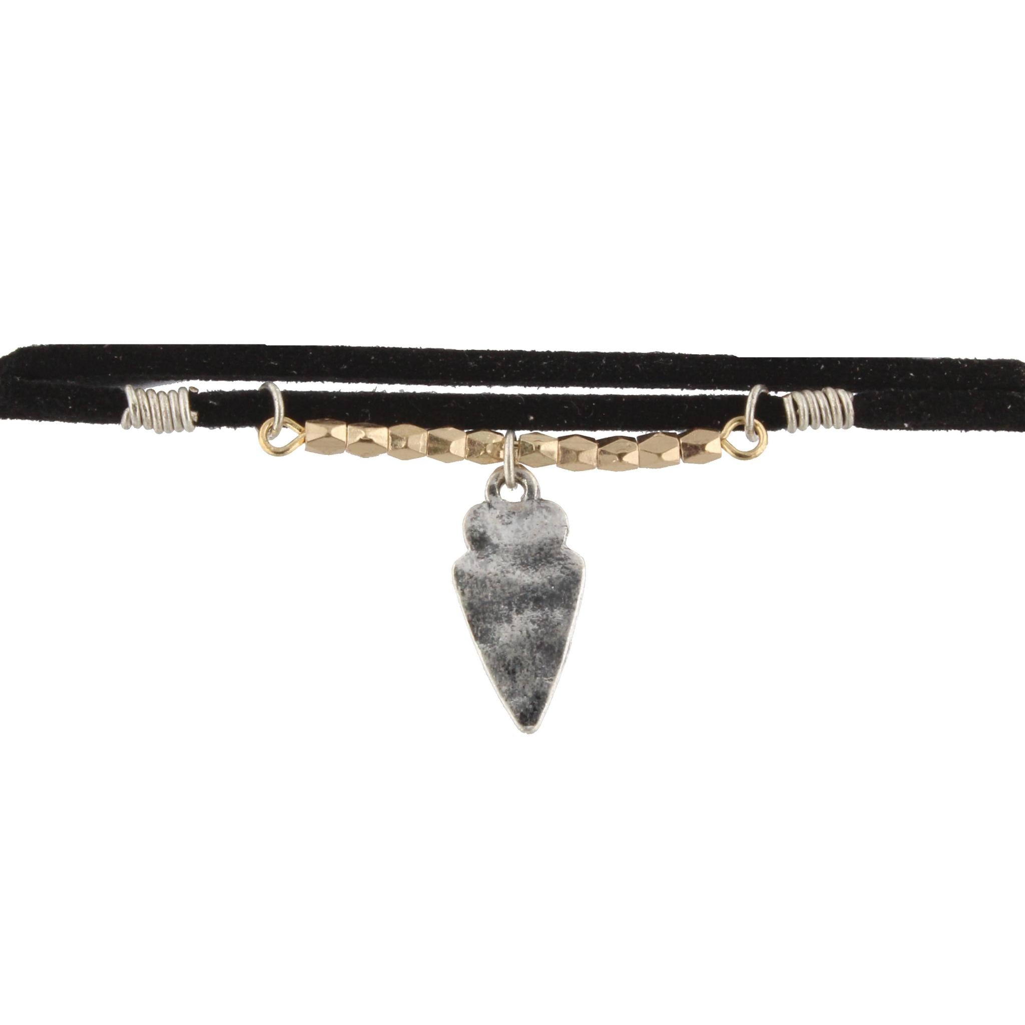 40" Black Leather Corded Wrap Choker with Gold Beaded Bar and Silver Arrowhead