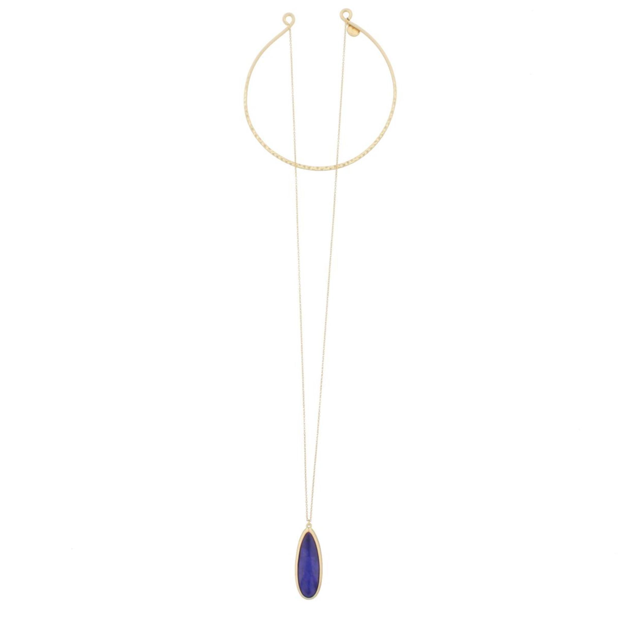 12" Circle Hammered Antique Gold Choker with 30" Stone Drop - Blue Stone