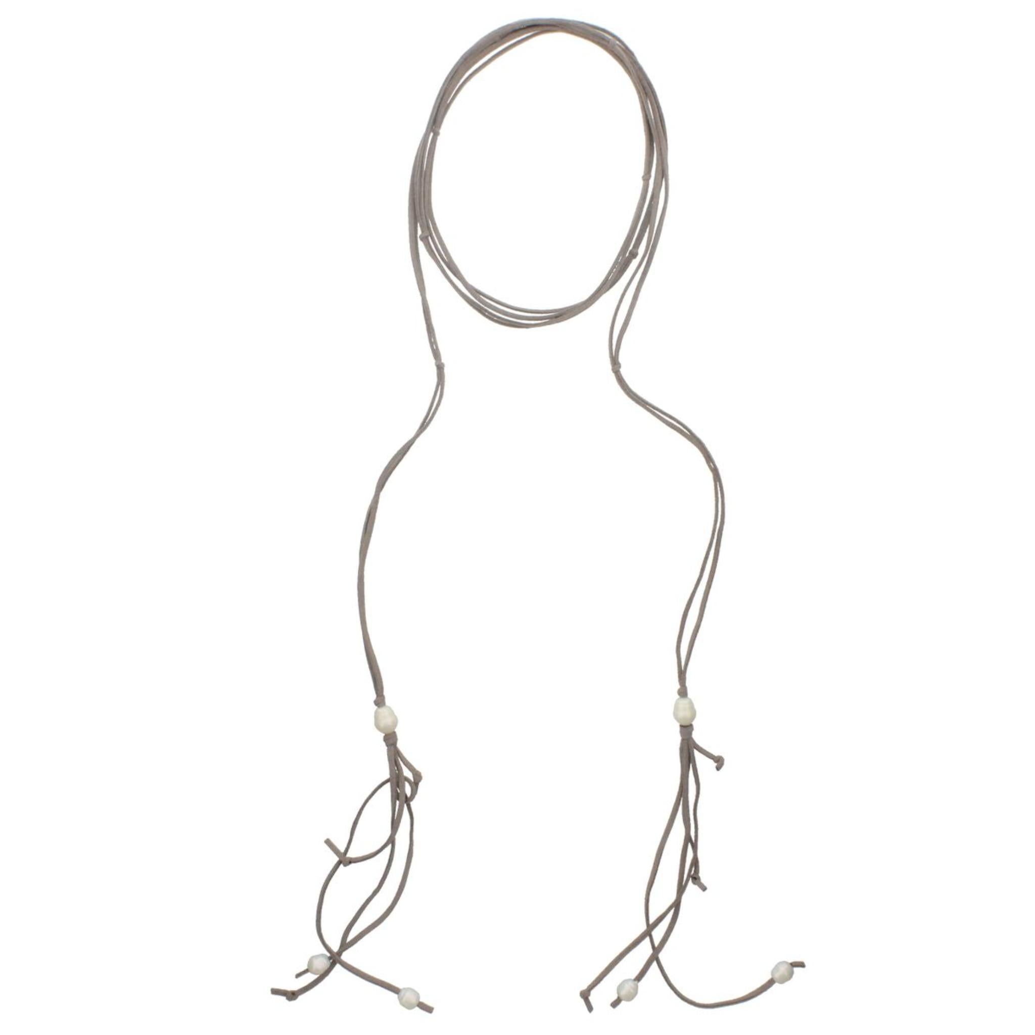 82" Dual Grey Leather Wrap Choker with Pearl Tassel Ends Necklace