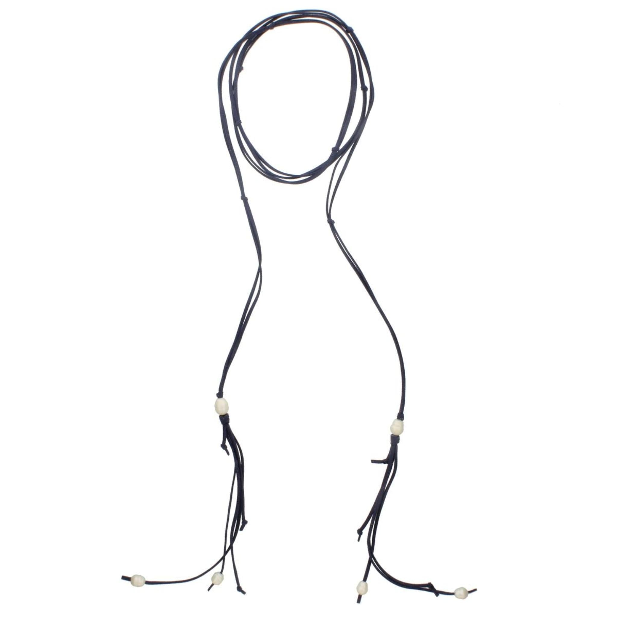 82" Dual Navy Leather Wrap Choker with Pearl Tassel Ends Necklace