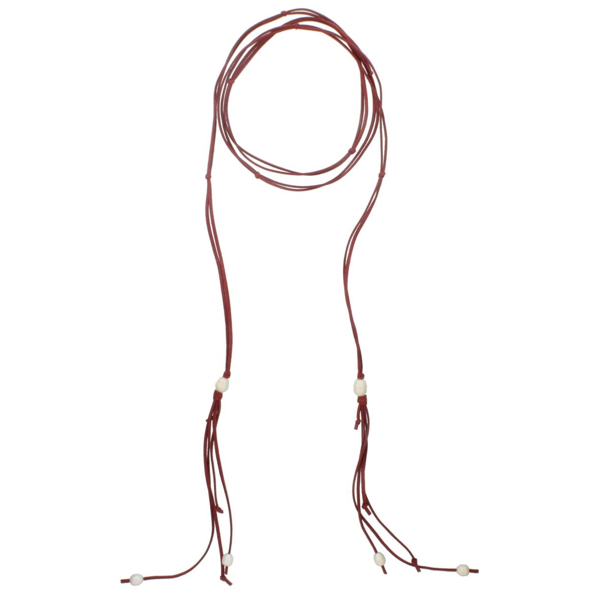 82" Dual Wine Leather Wrap Choker with Pearl Tassel Ends Necklace