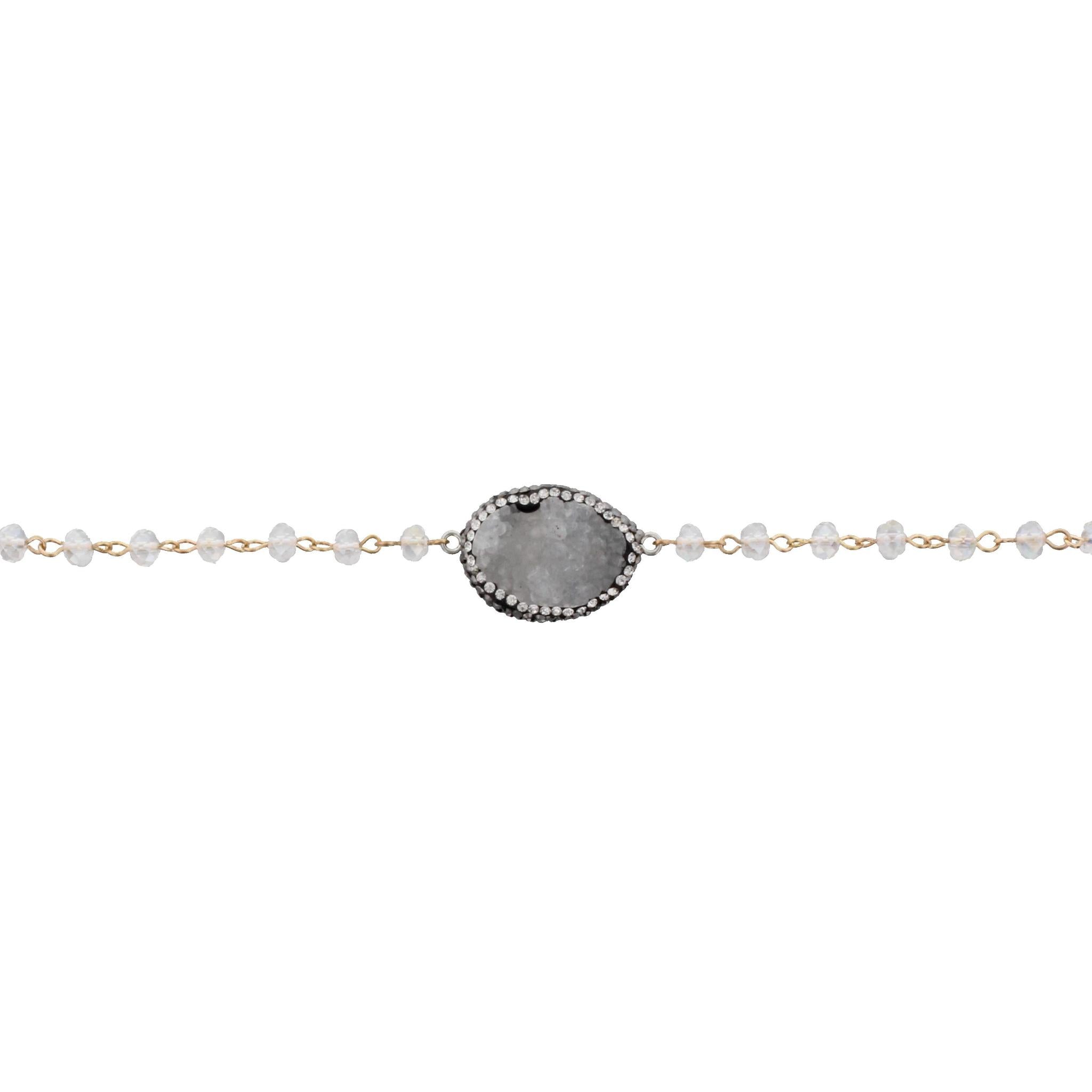 13" Clear Beaded Link Choker Necklace with Pave White Druzy Pearl, 3" Ext