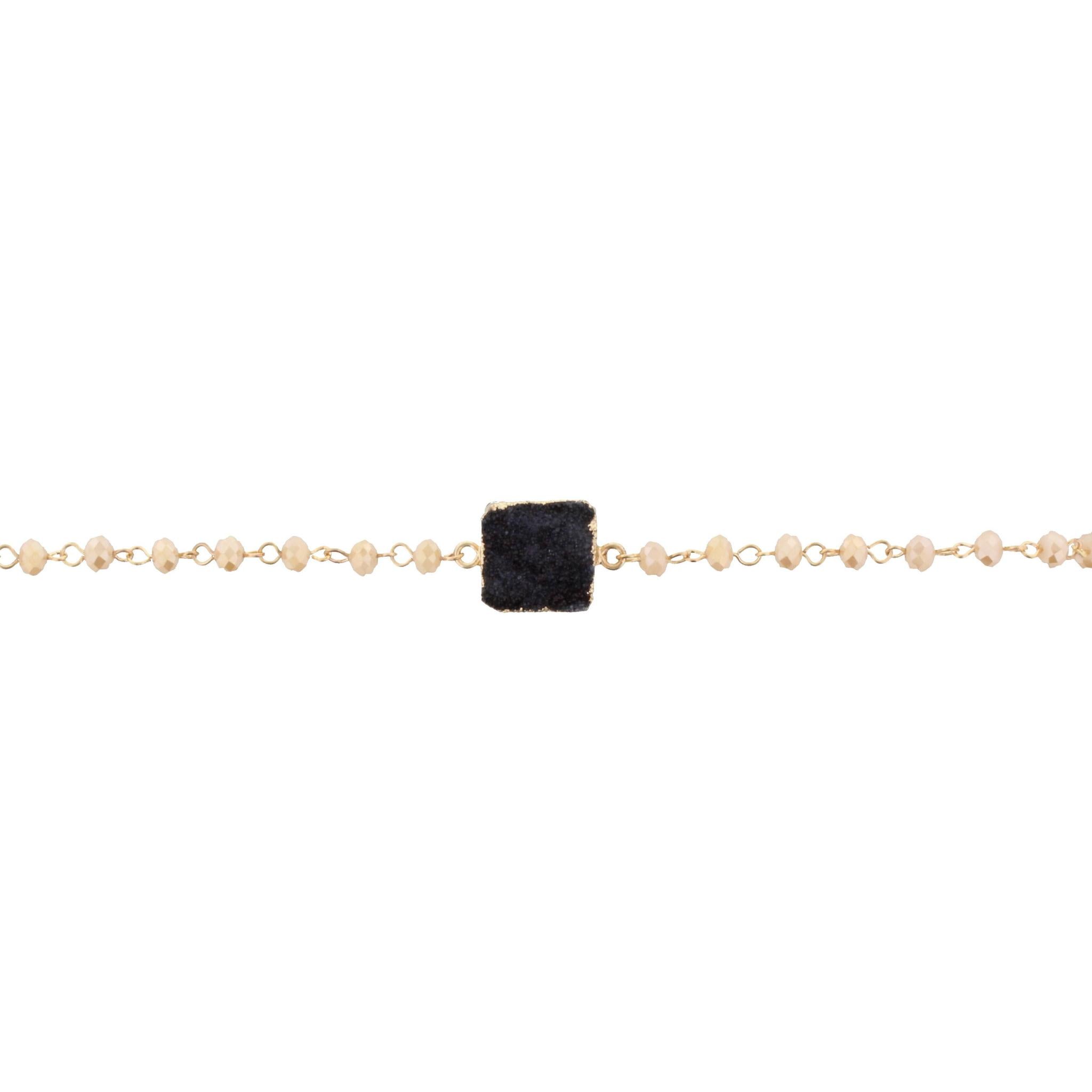 13" Cream Beaded Link Choker Necklace with Square Grey Druzy, 3" Ext