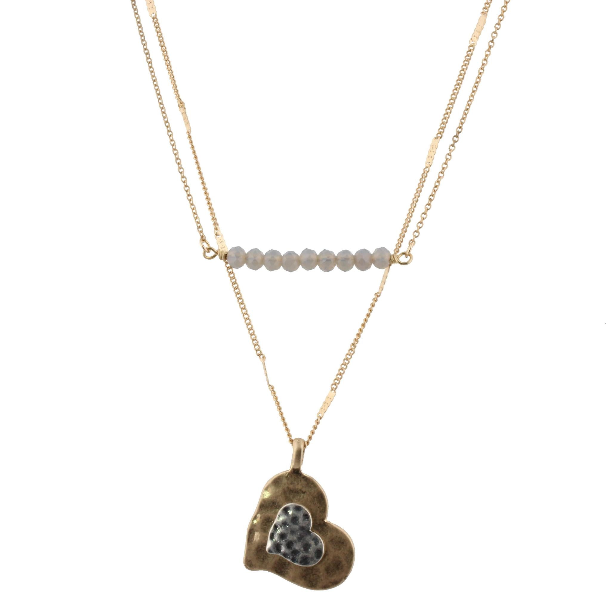 16" Delicate Gold 2 Layer Grey Beaded Bar, Heart Charm, 3" Ext
