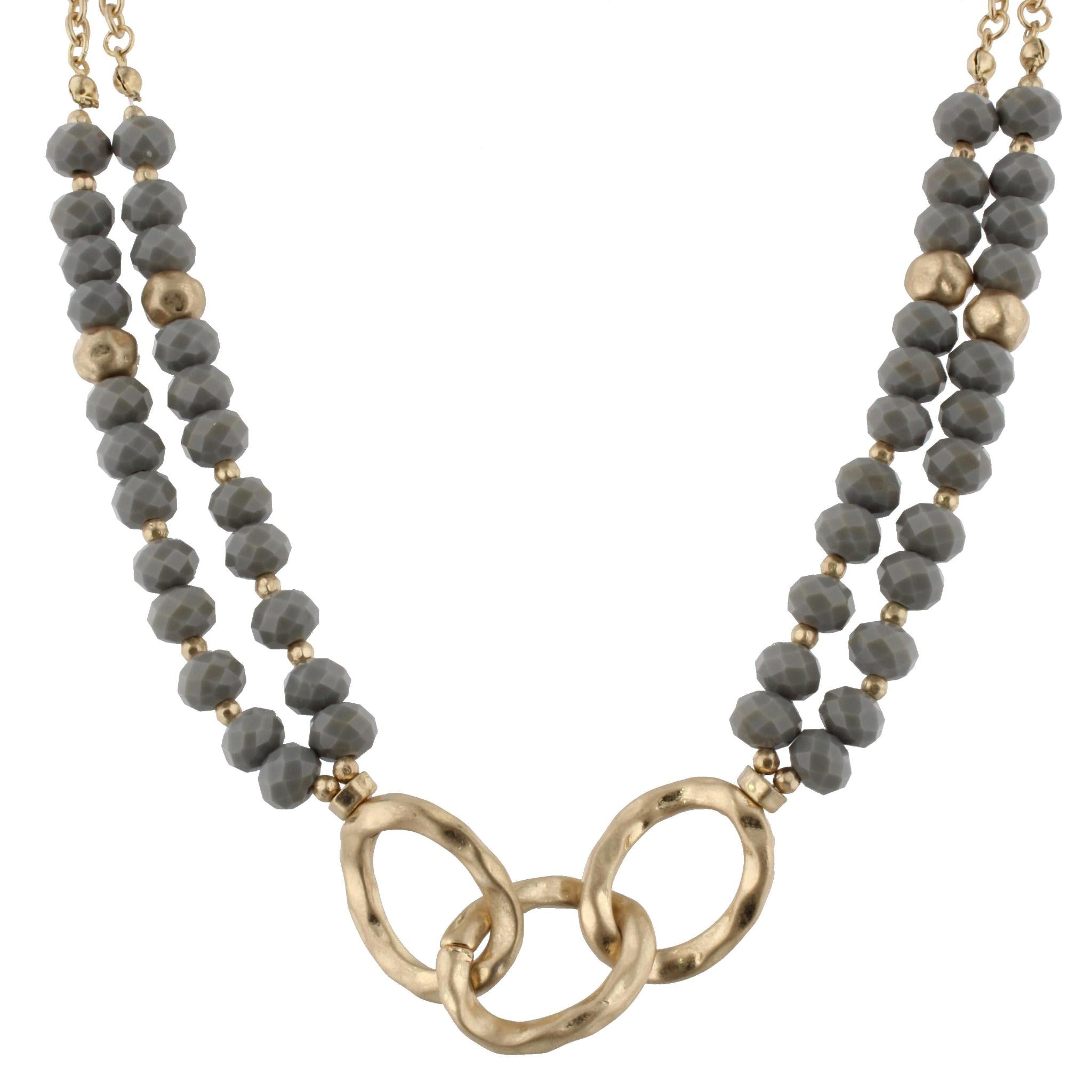 16" 3 Gold Link with Faceted Grey Beads Necklace, 3" Ext