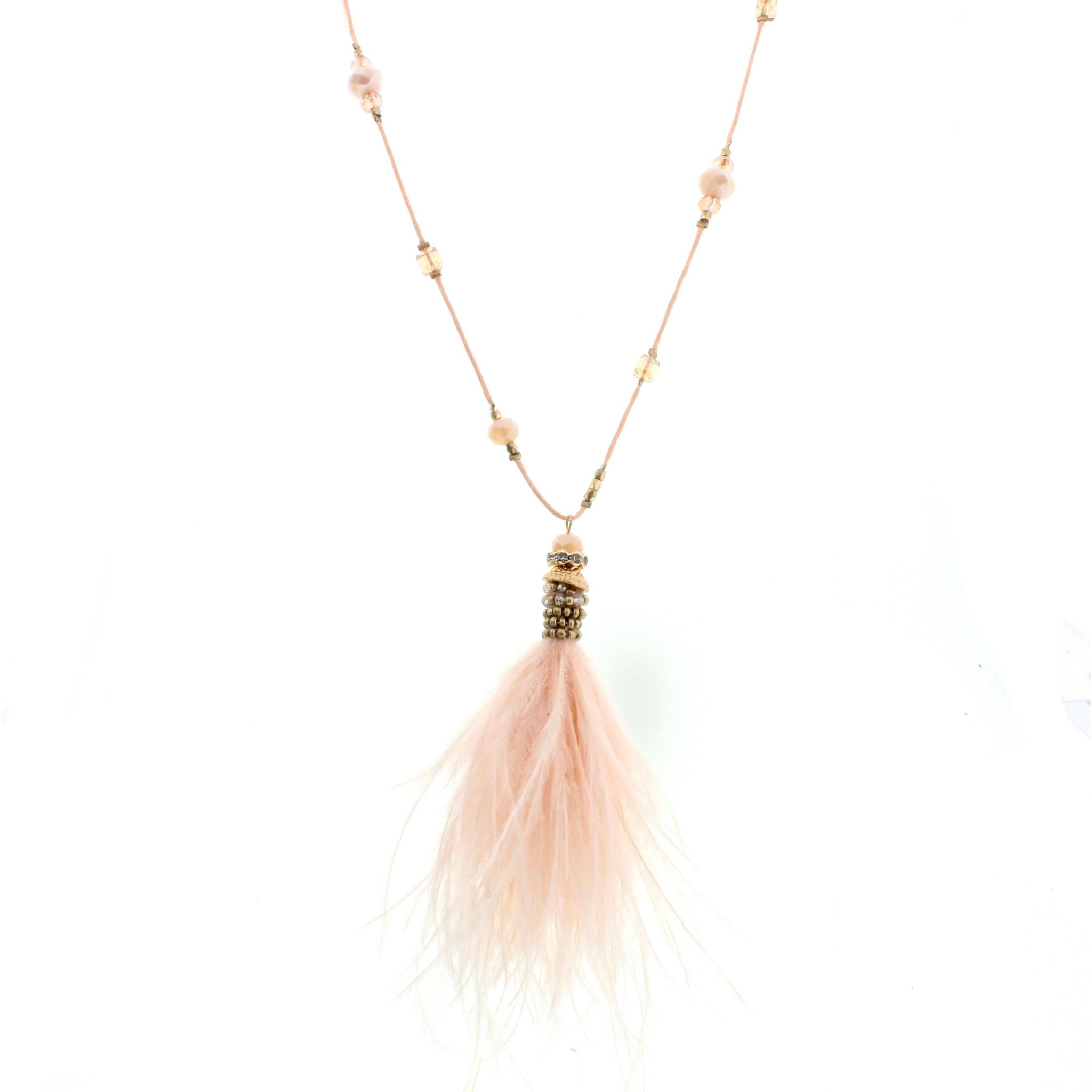 32" Beaded Pink Cord Necklace with Pink Feather Tassel, 3"Ext