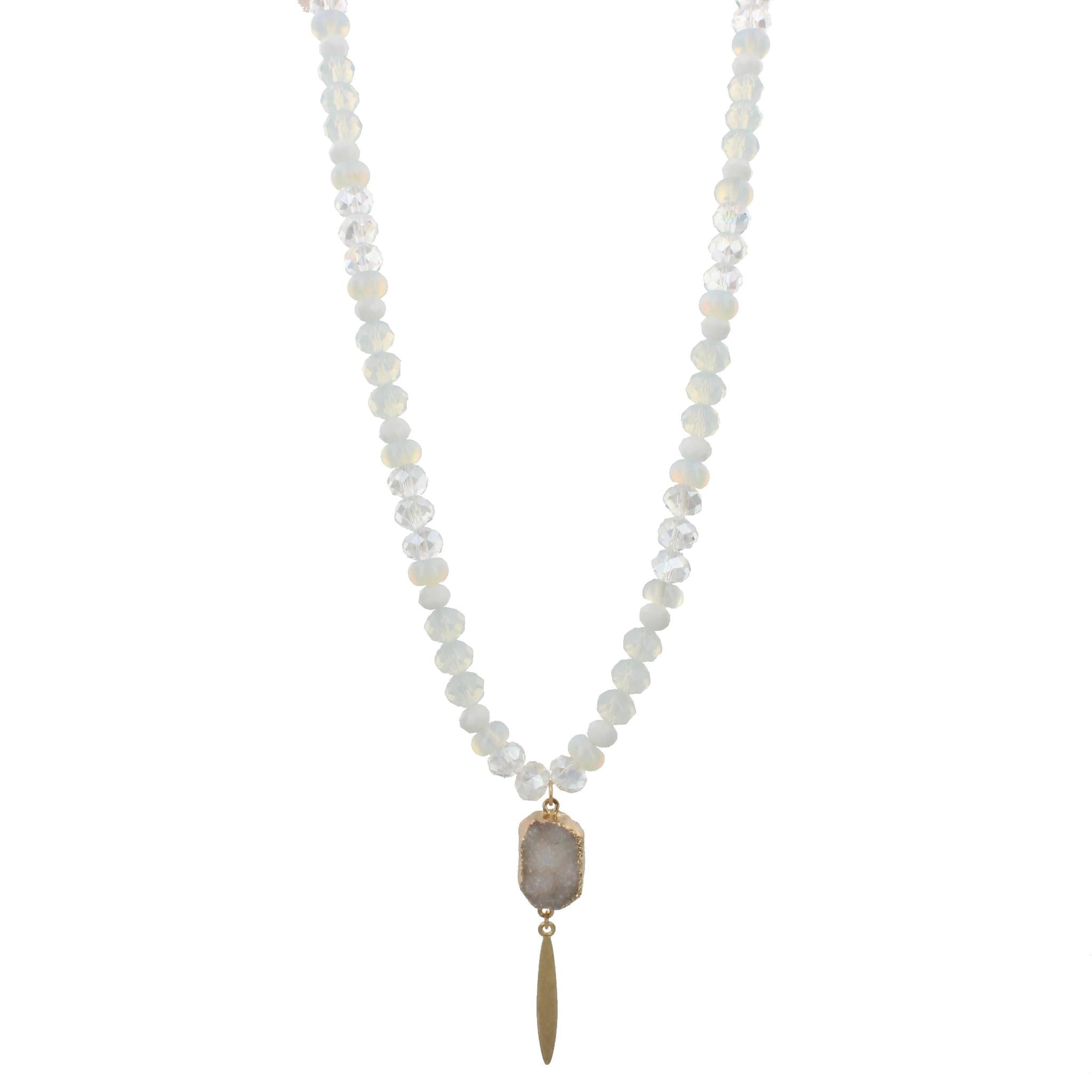 30" Half Beaded, Moonstone, Clear, White Necklace with White Druzy Pendant & Spear, 3" Ext