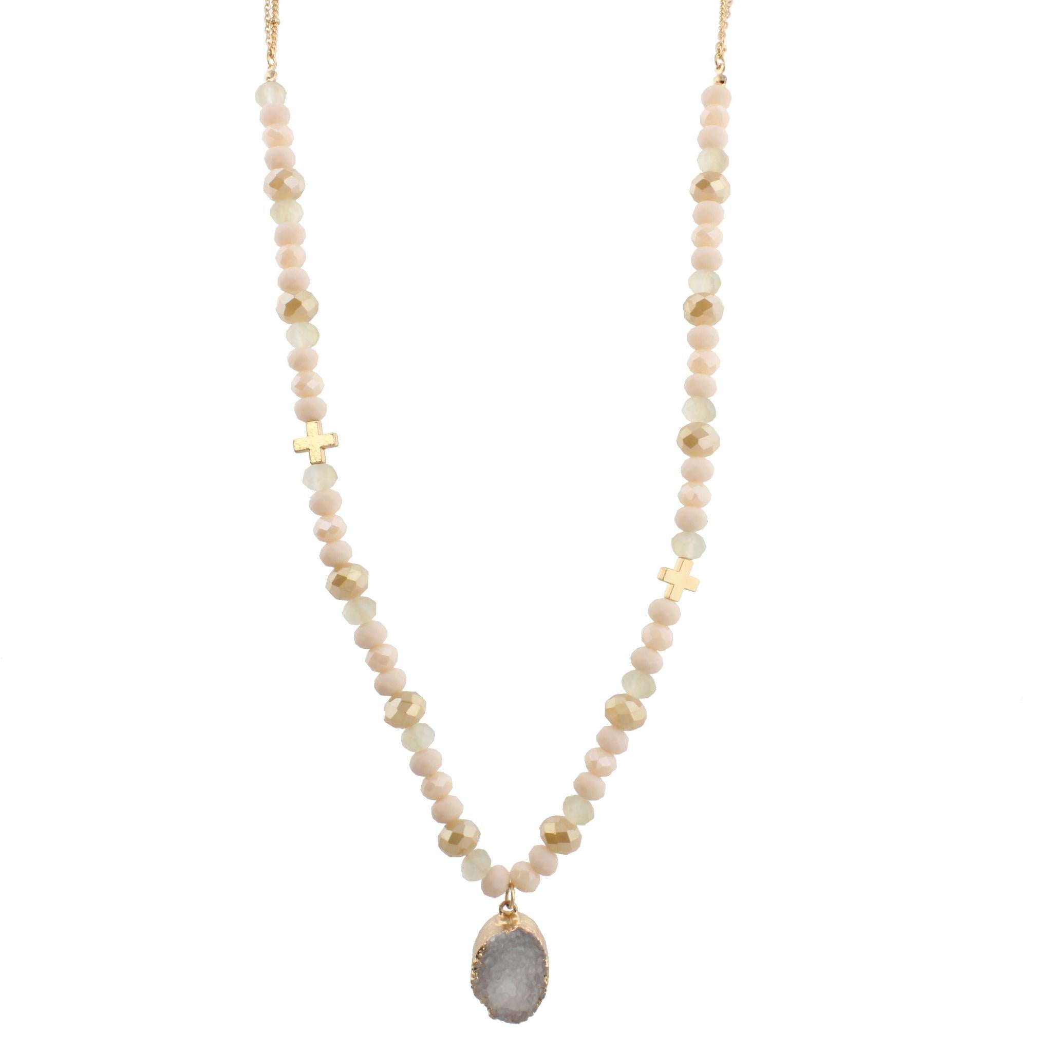 30" Half Beaded, Blush, Champagne , Cross Necklace with White Druzy Pendant, 3" Ext