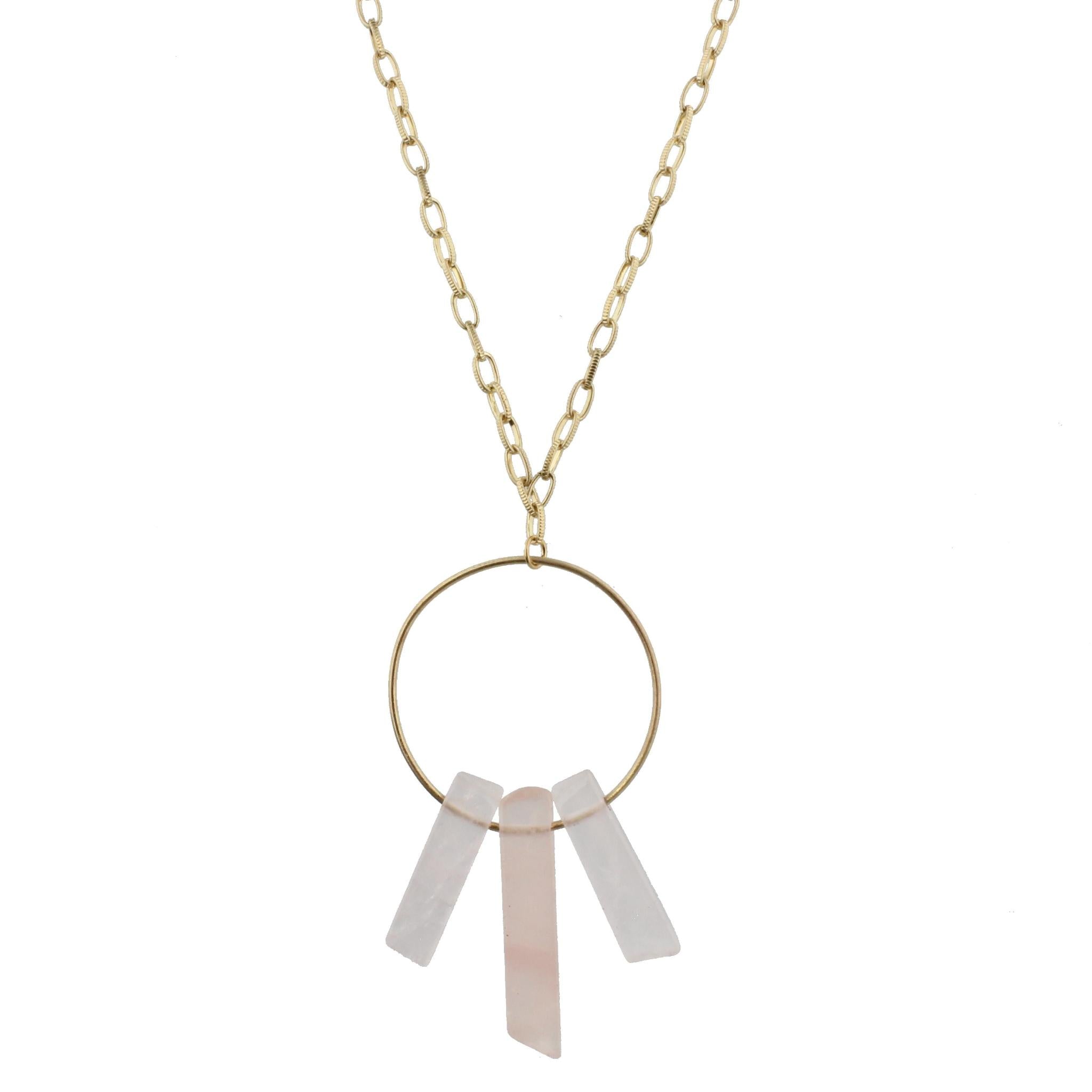 32" Pink Stone Spikes on Gold Hoop on Gold Chain Necklace , 3" Ext