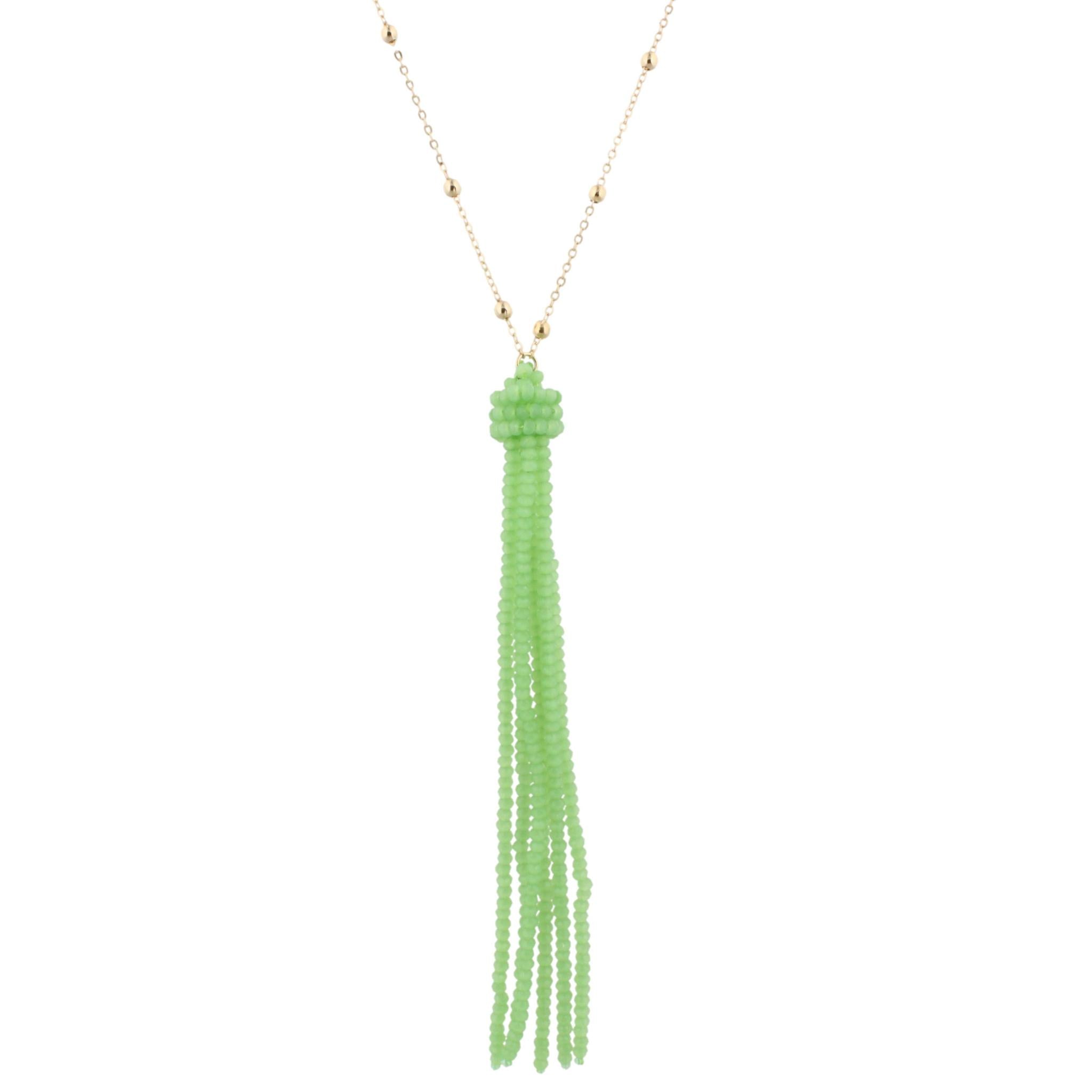 38" Gold Chain Necklace with Green Beaded Tassel, 3" Ext