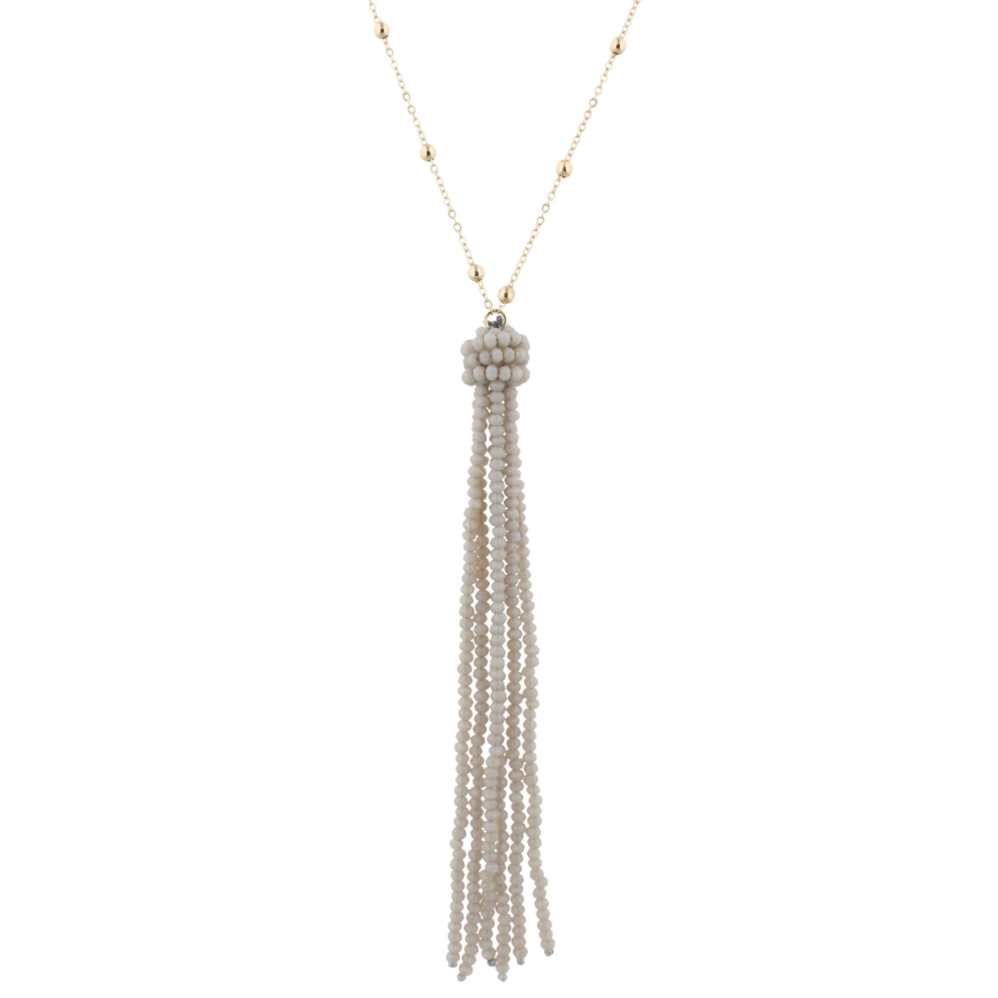 38" Gold Chain Necklace with Grey Beaded Tassel, 3" Ext