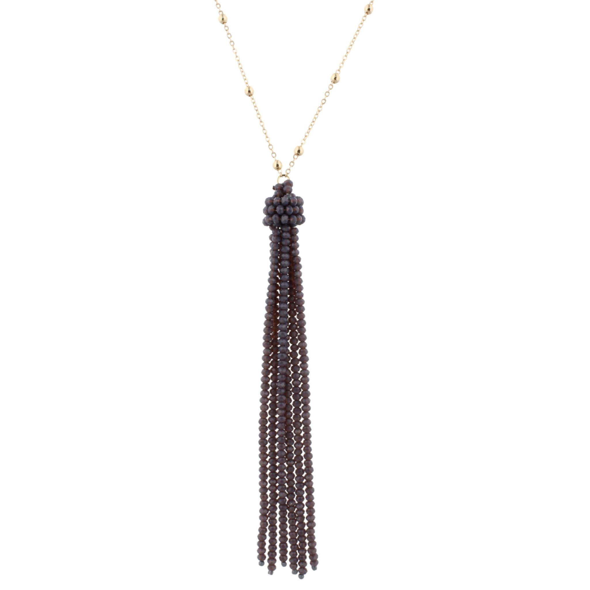 38" Gold Chain Necklace with Purple Grey Beaded Tassel, 3" Ext