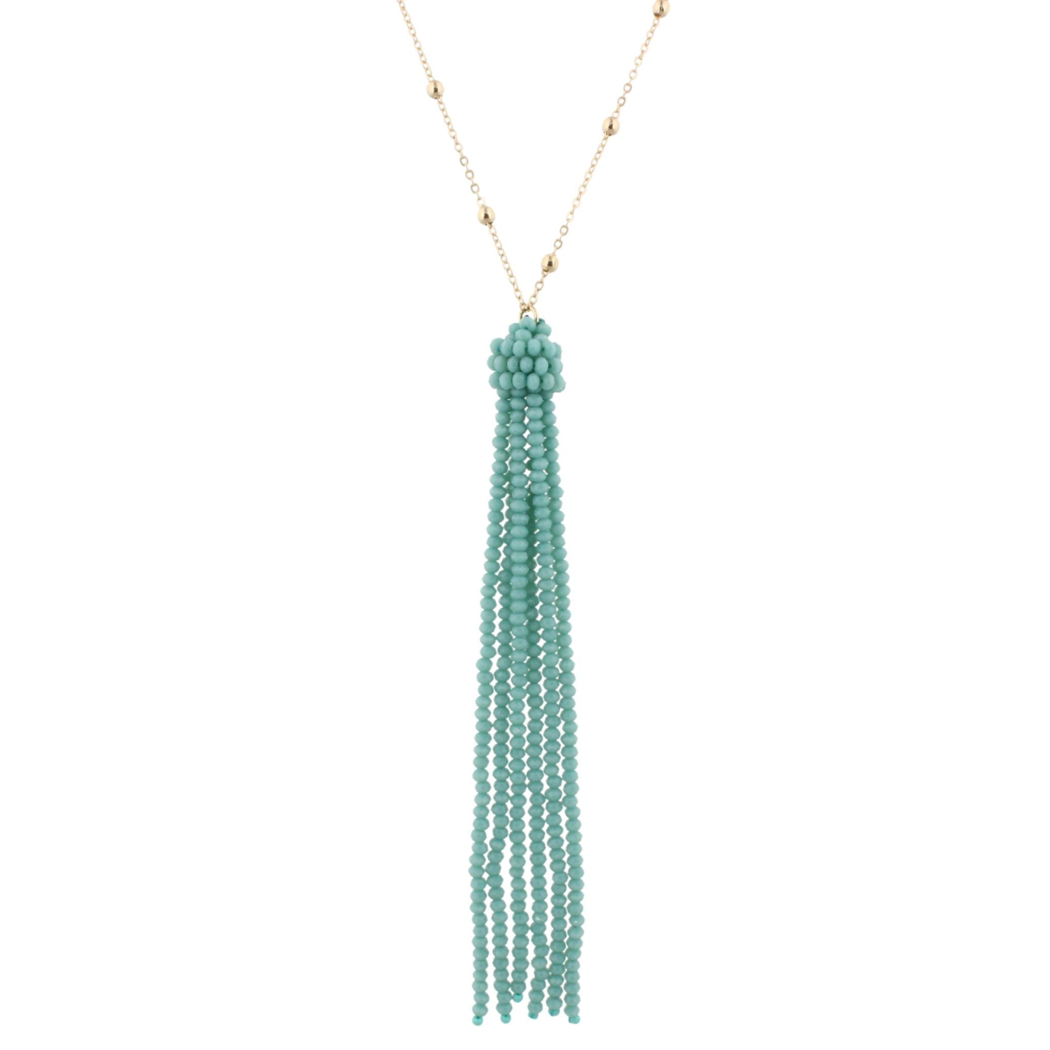 38" Gold Chain Necklace with Turquoise Beaded Tassel, 3" Ext