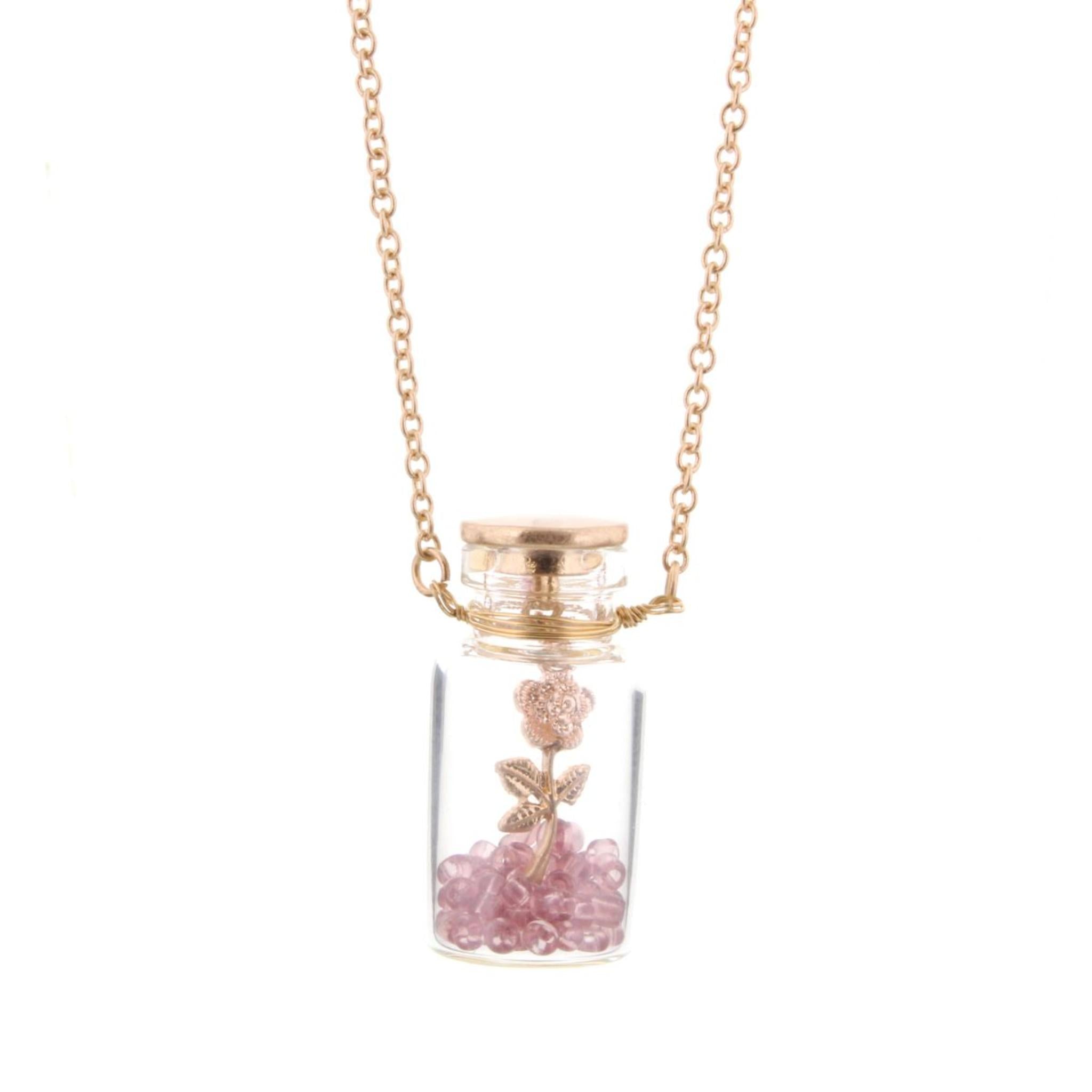 14" Kids Flower in Bottle Necklace with Purple Beads, 2" Ext