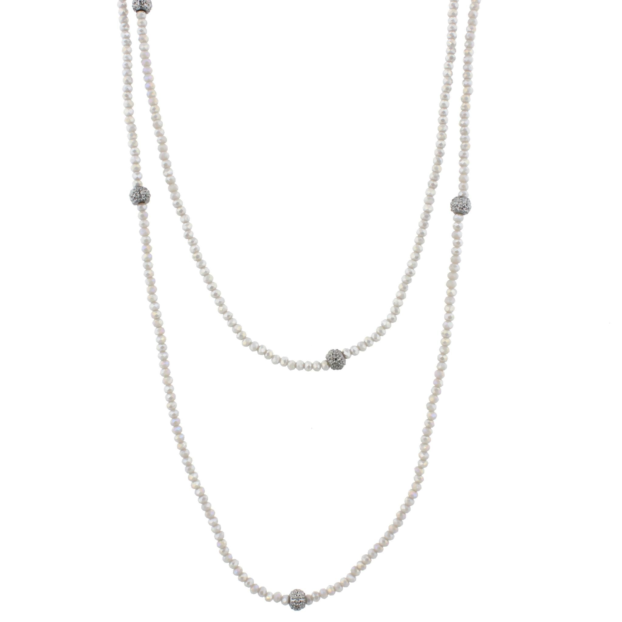 60" Grey Beaded Necklace with Pave Station, 3" Ext