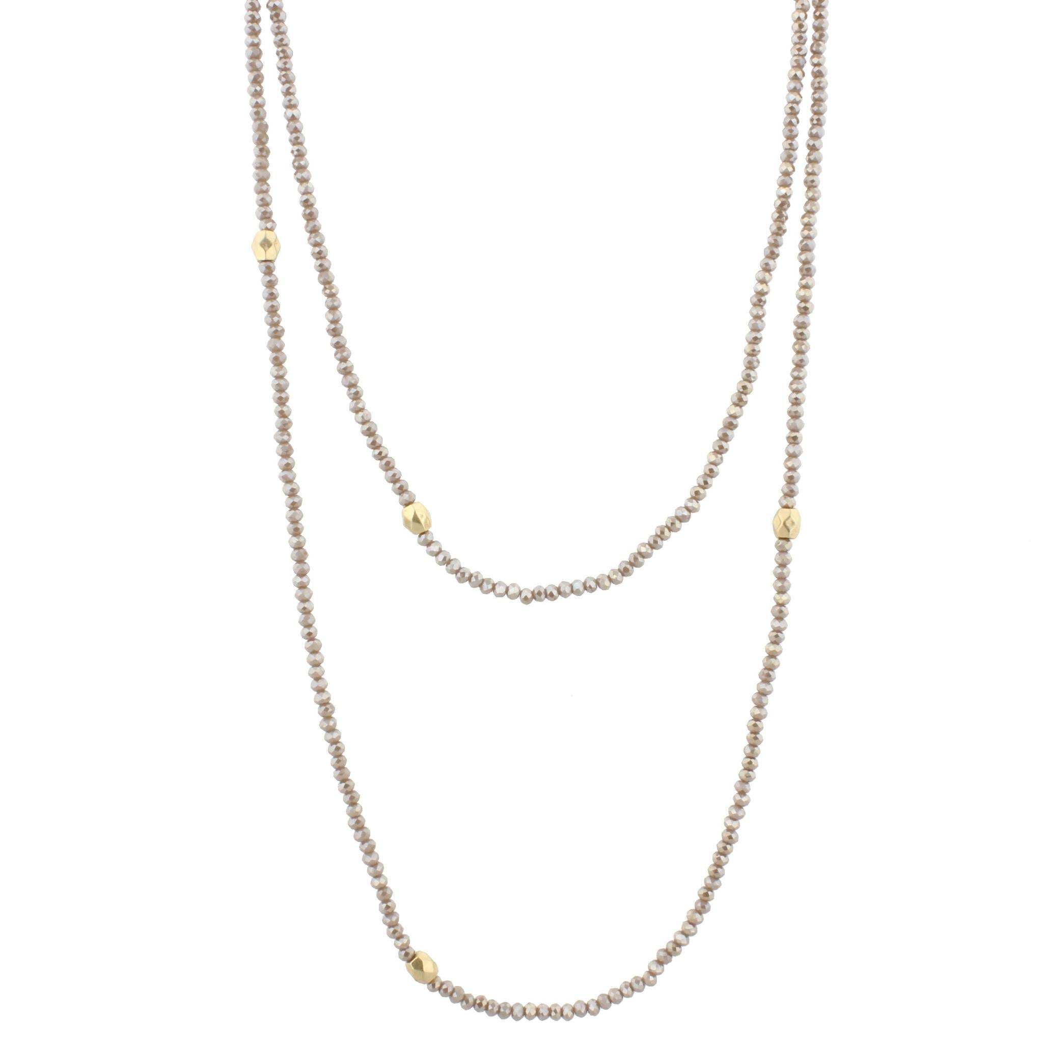 60" Greige Beaded Necklace with Gold Stations, 3" Ext