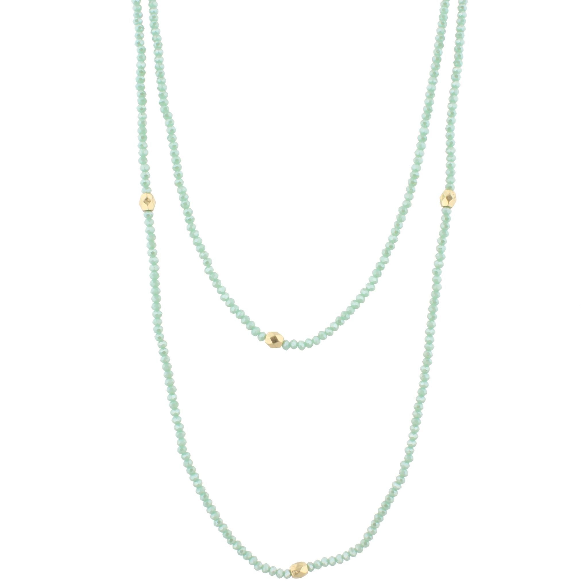 60" Mint Green Beaded Necklace with Gold Stations, 3" Ext