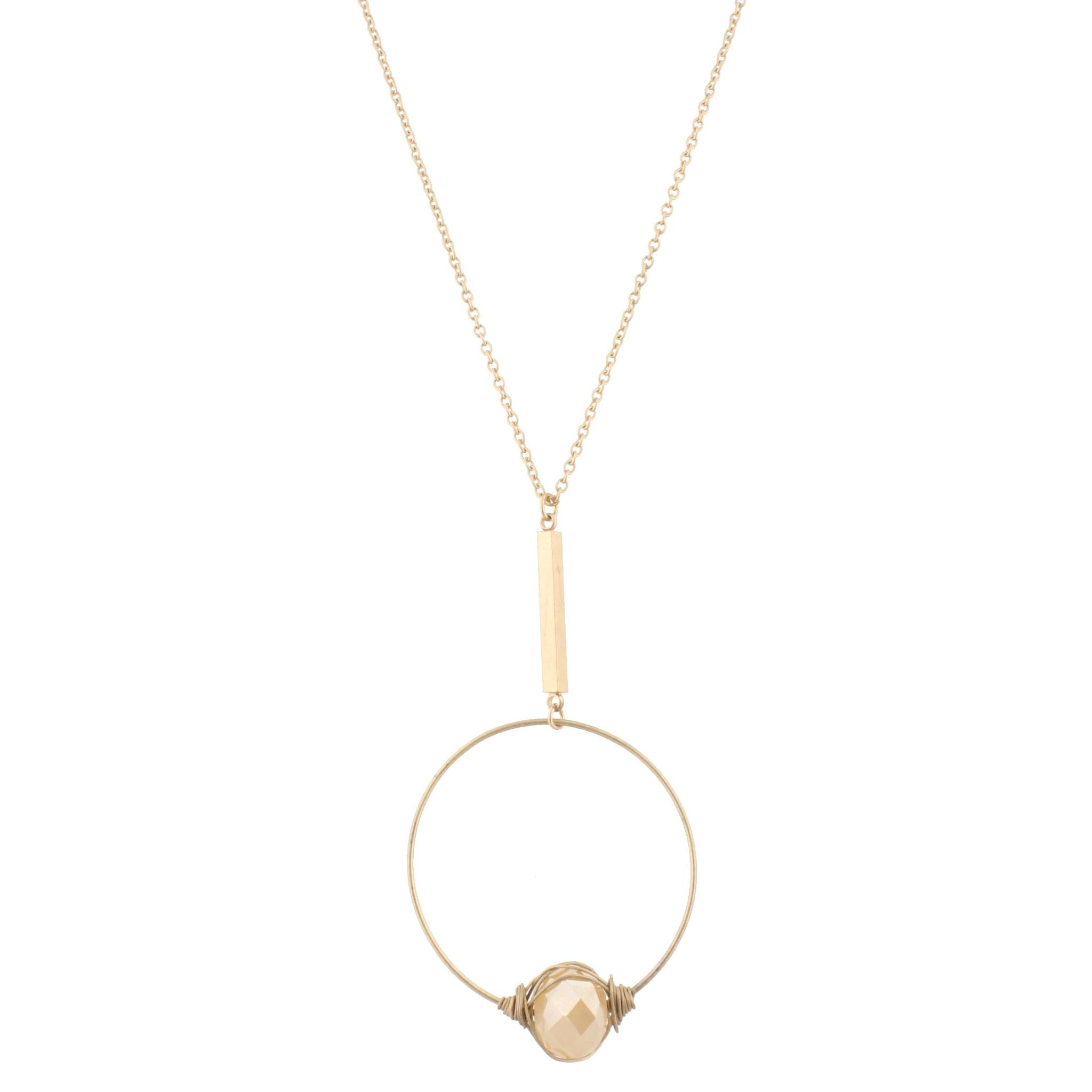 32" Gold Chain Necklace with Gold Wire Wrapped Single Champagne Bead Circle, 3" Ext