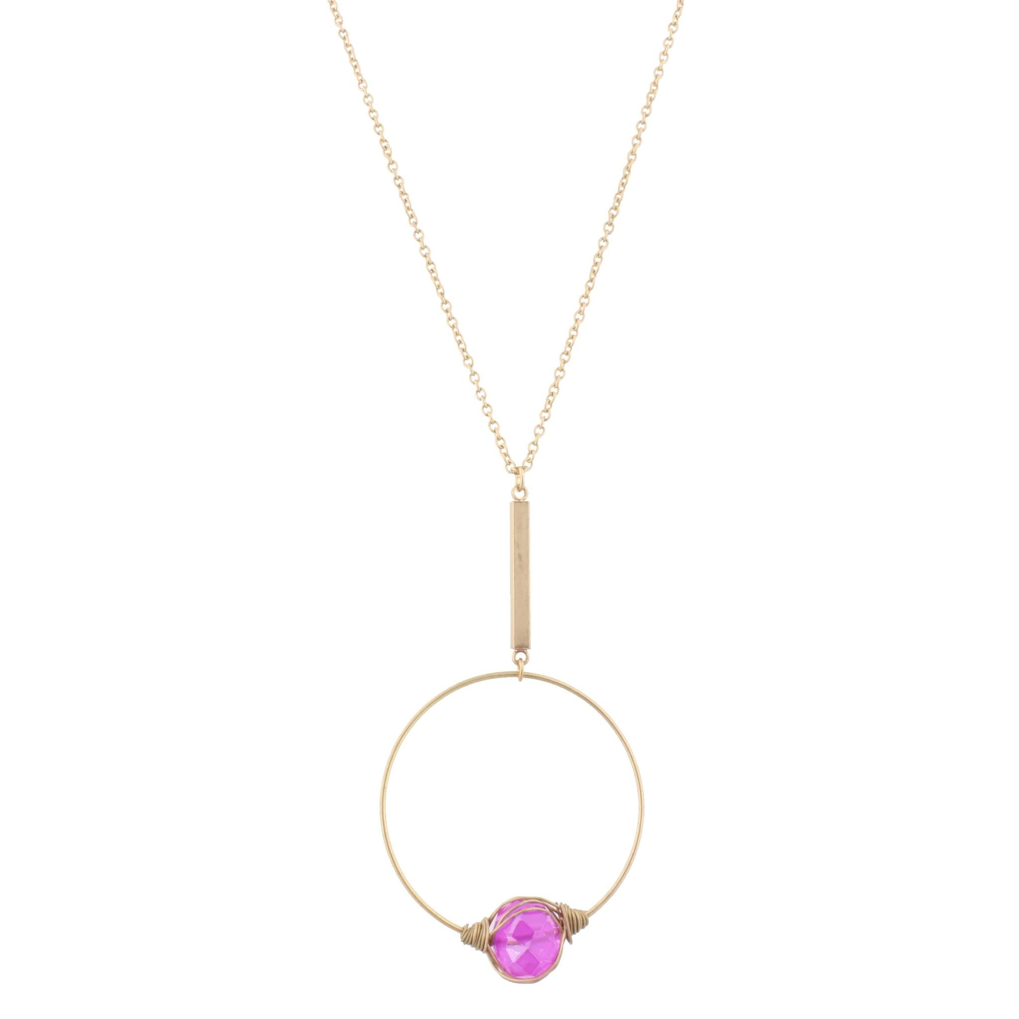 32" Gold Chain Necklace with Gold Wire Wrapped Single Pink Bead Circle, 3" Ext