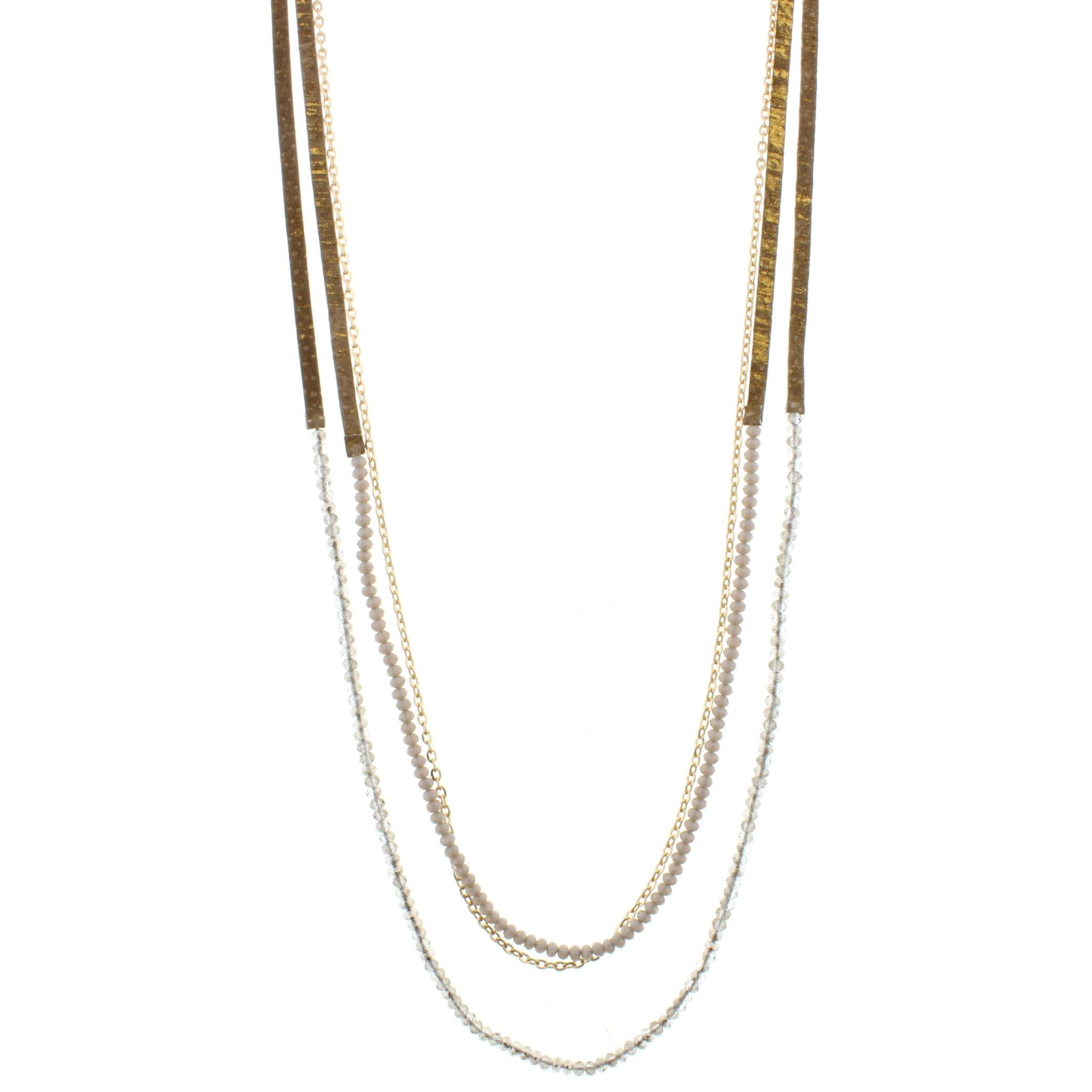 38" 3 Layer Hand Painted Gold Fleck Leather Necklace with Black Diamond & Grey Beaded Strands, 3" Ext