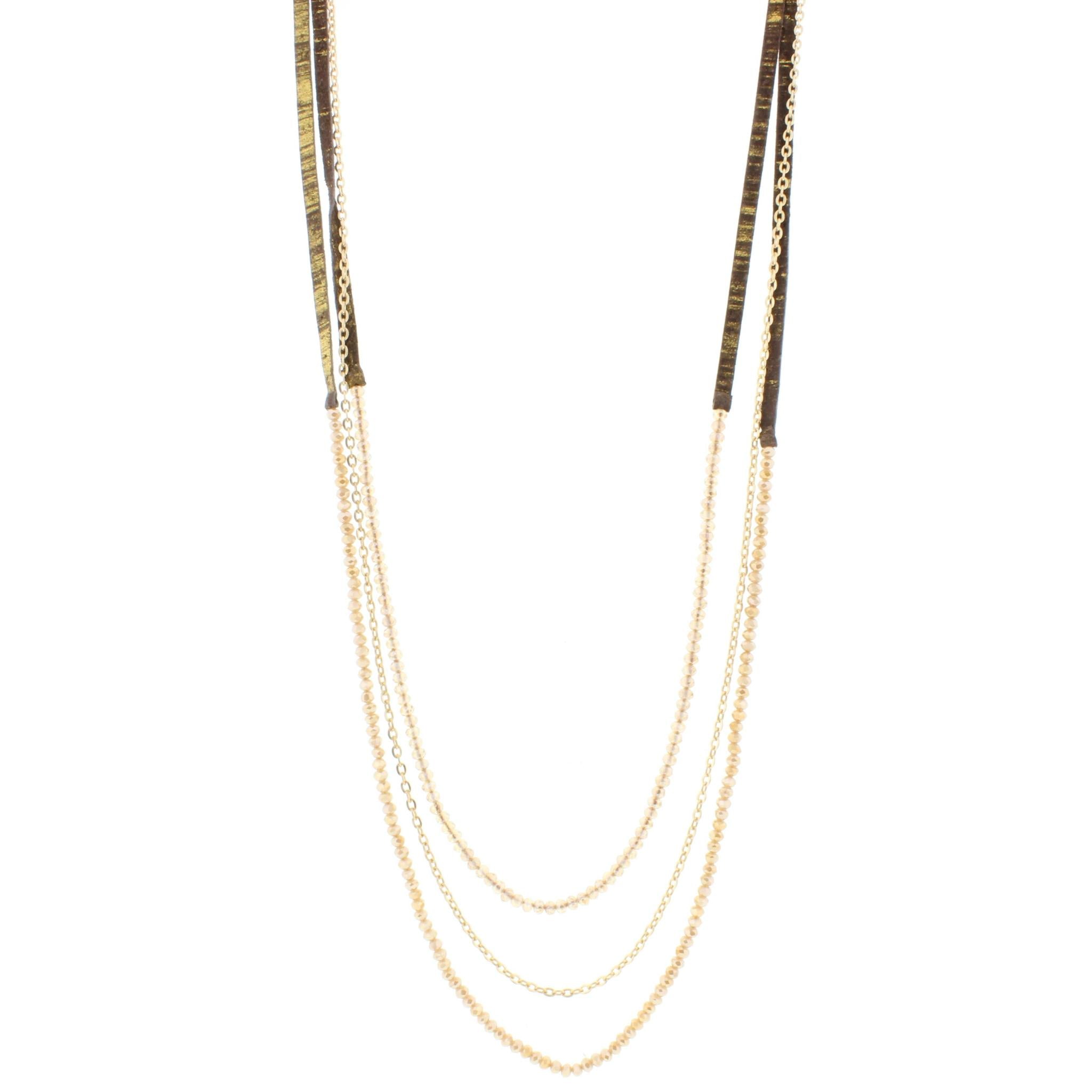 38" 3 Layer Hand Painted Gold Fleck Leather Necklace with Champagne Beaded Strands, 3" Ext