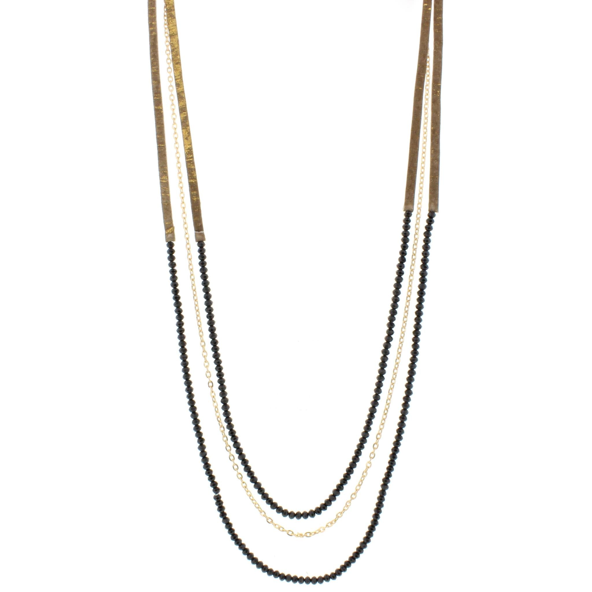 38" 3 Layer Hand Painted Gold Fleck Leather Necklace with Jet Beaded Strands,3" Ext