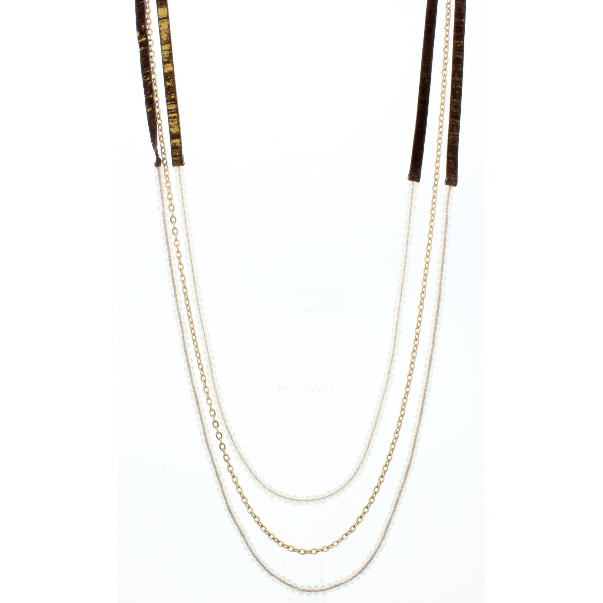 38" 3 Layer Hand Painted Gold Fleck Leather Necklace with Moonstone Beaded Strands, 3" Ext