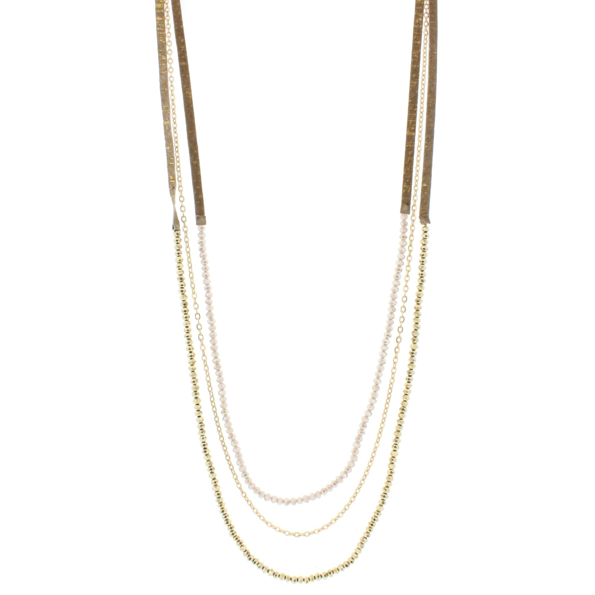 38" 3 Layer Hand Painted Gold Fleck Leather Necklace with Natural & Metallic Beaded Strands, 3" Ext