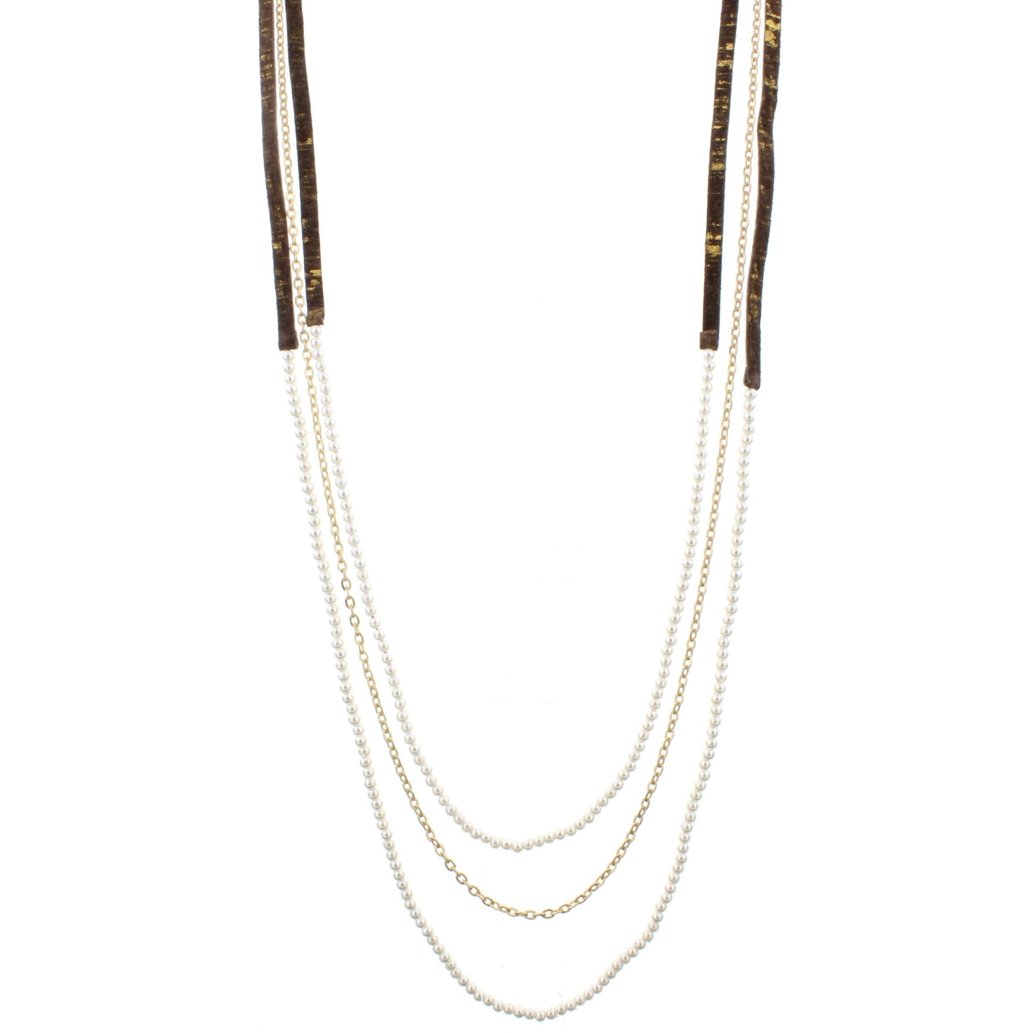 38" 3 Layer Hand Painted Gold Fleck Leather Necklace with Pearl Beaded Strands,3 " Ext,