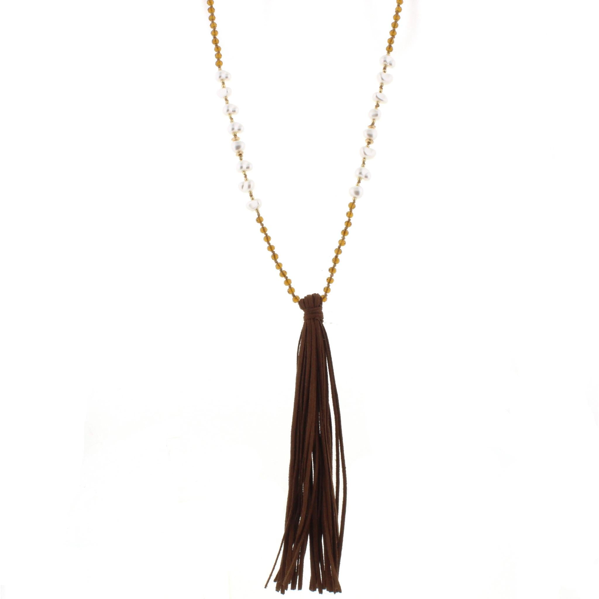 32" Topaz & Pearl Partial Handknotted Necklace with Brown Leather Tassel, 3" Ext