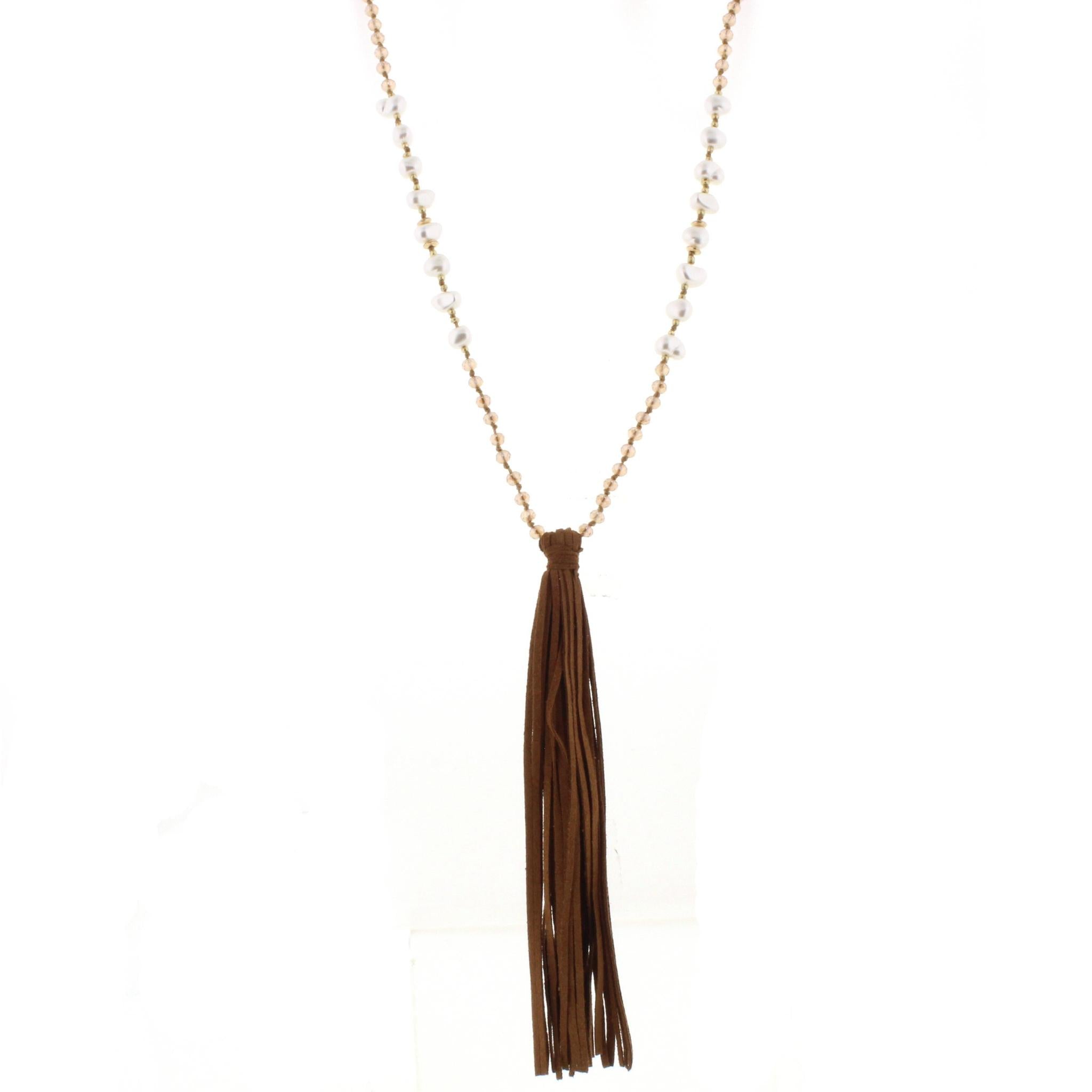 32" Champagne & Pearl Partial Handknotted Necklace with Tan Leather Tassel, 3" Ext